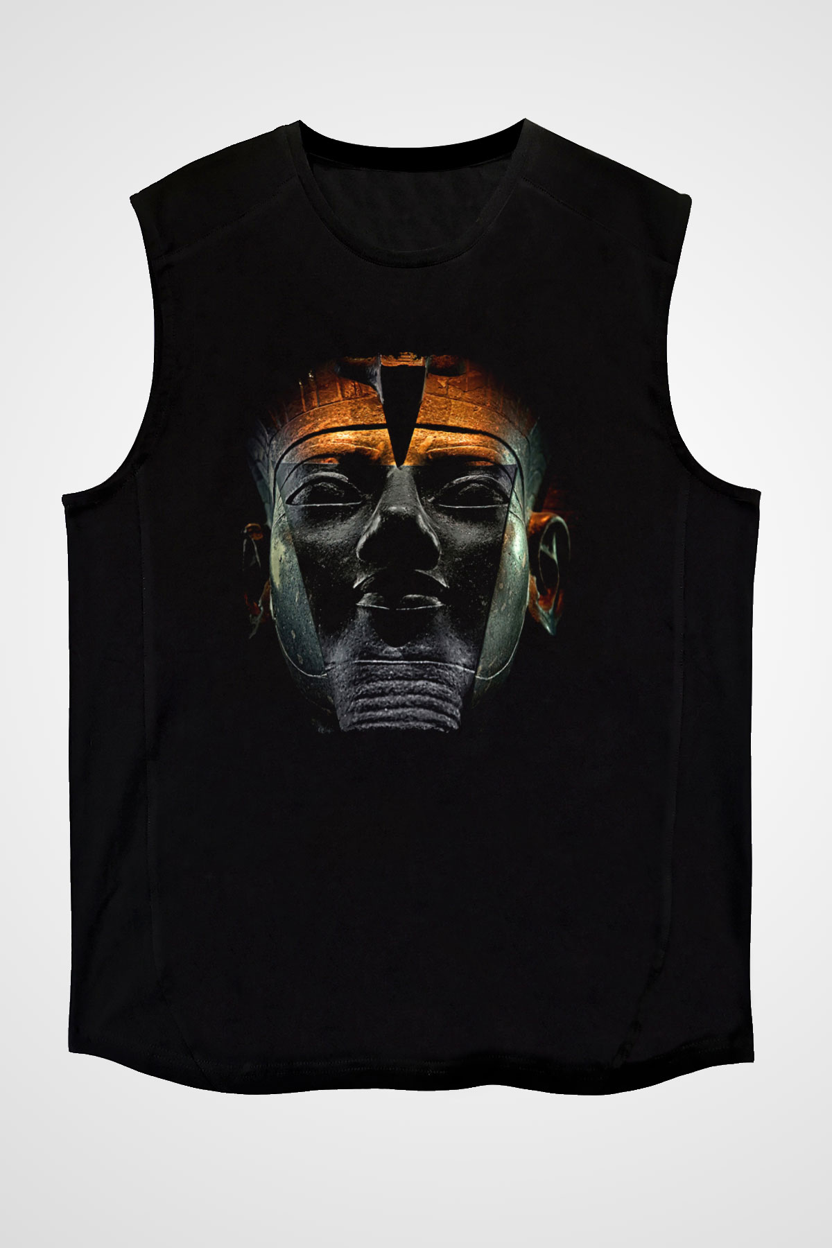 Tutankhamun Baskılı Unisex Siyah Kolsuz Tişört - Tshirt