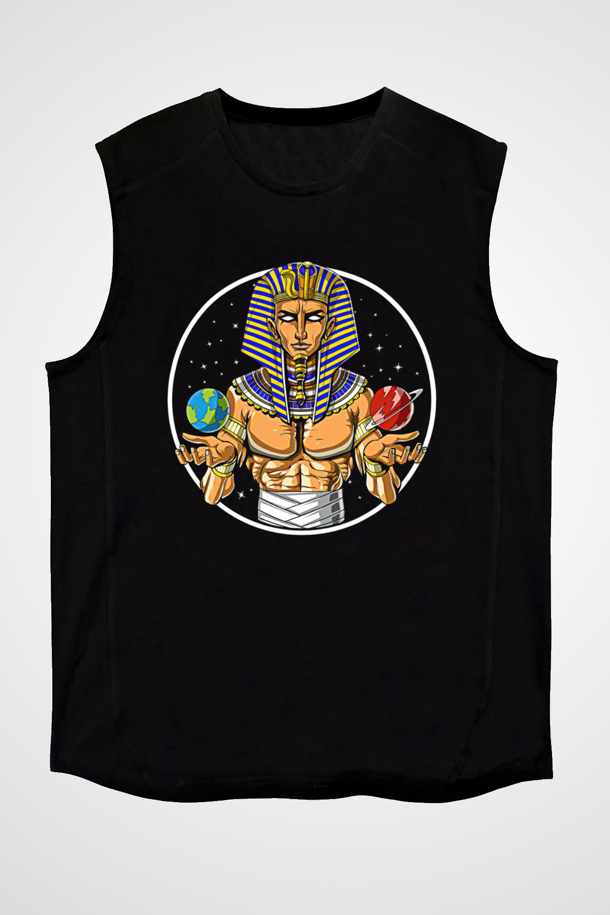 Tutankhamun Baskılı Unisex Siyah Kolsuz Tişört - Tshirt