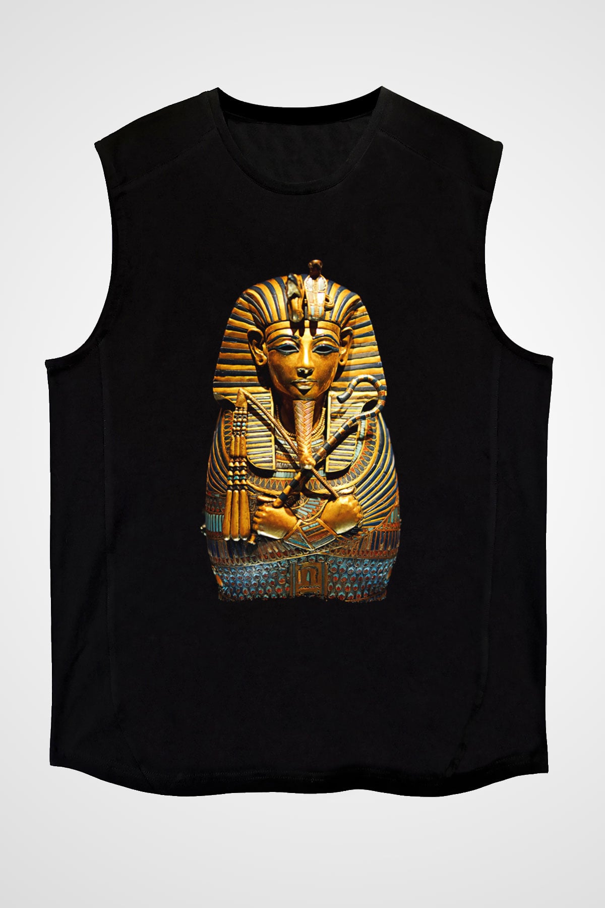 Tutankhamun Baskılı Unisex Siyah Kolsuz Tişört - Tshirt