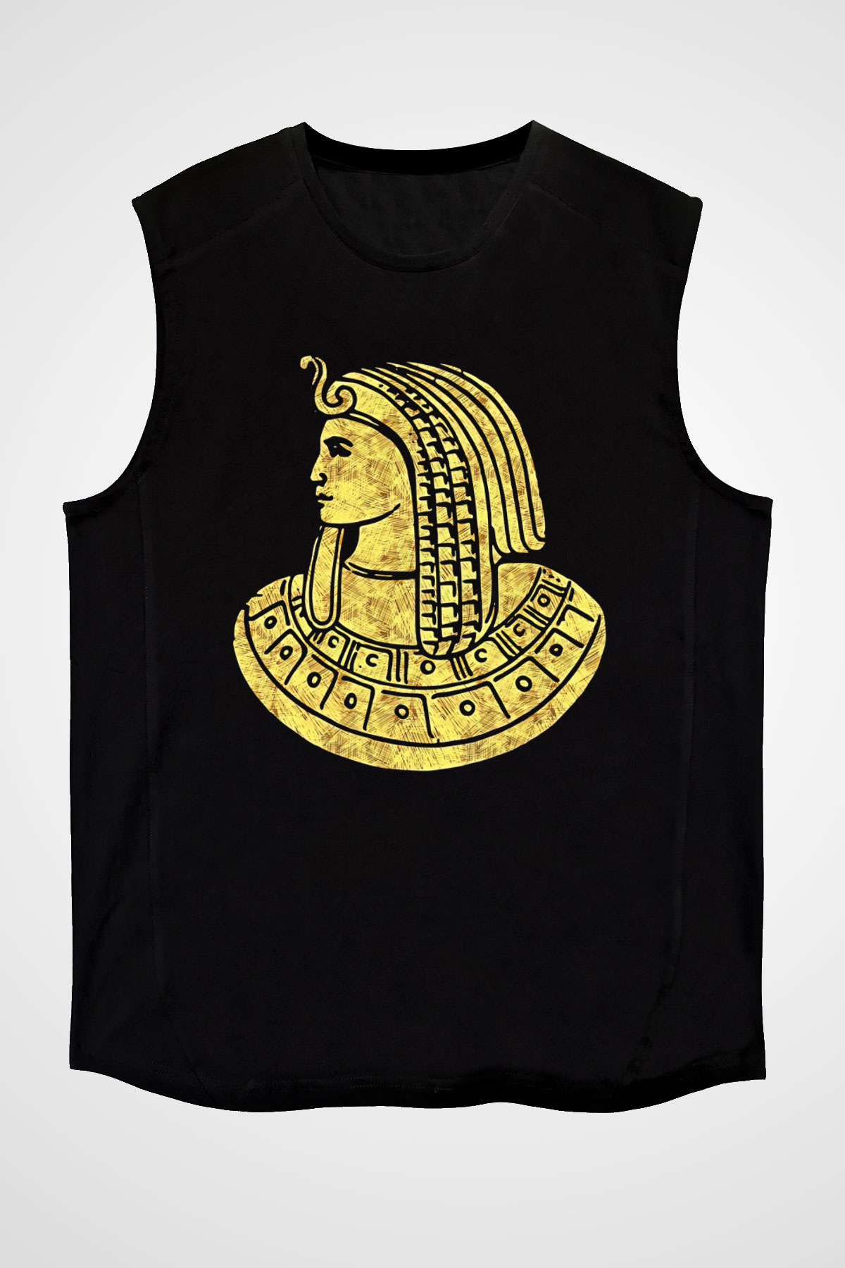 Tutankhamun Baskılı Unisex Siyah Kolsuz Tişört - Tshirt