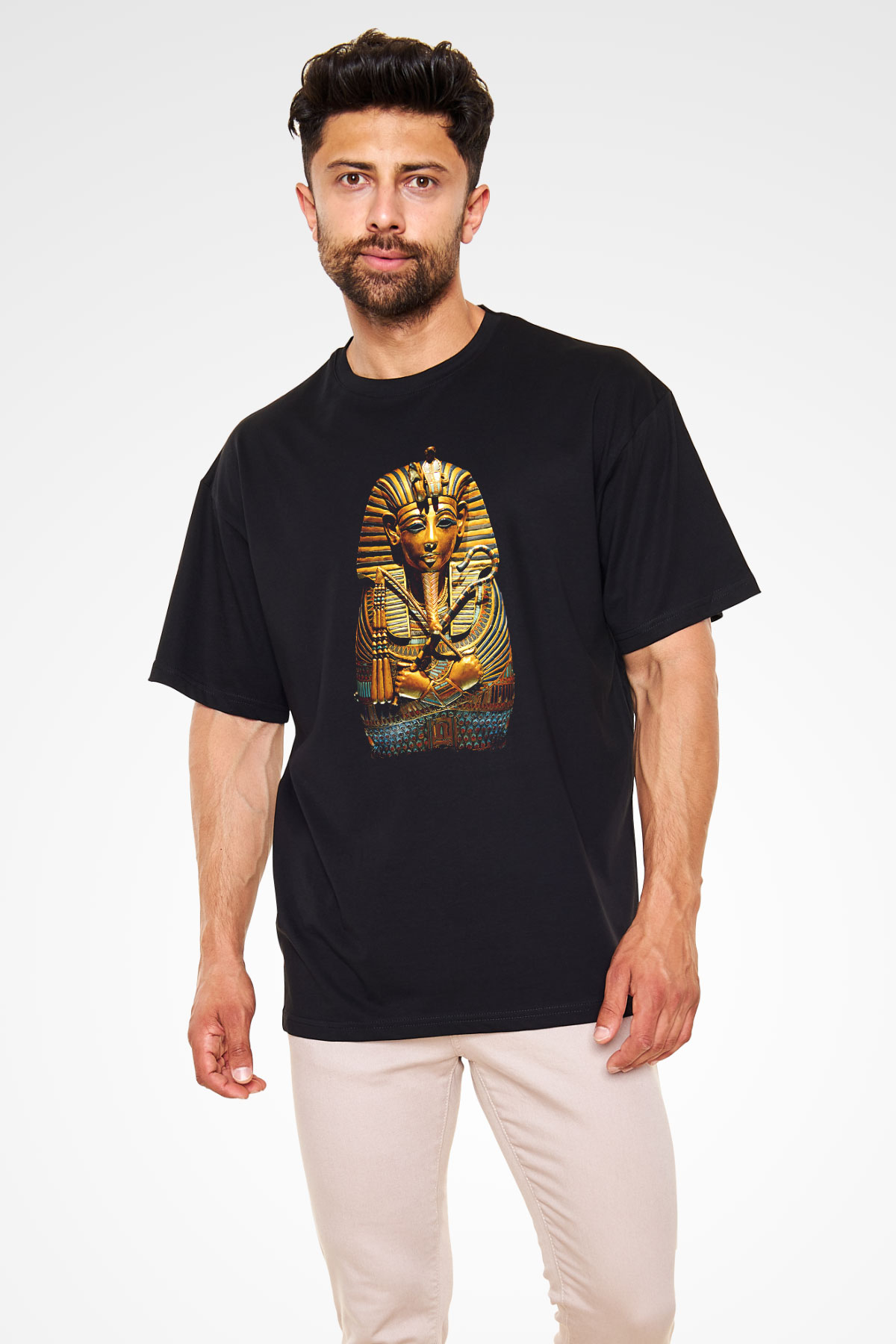 Tutankhamun Baskılı Unisex Siyah Oversize Tişört - Tshirt