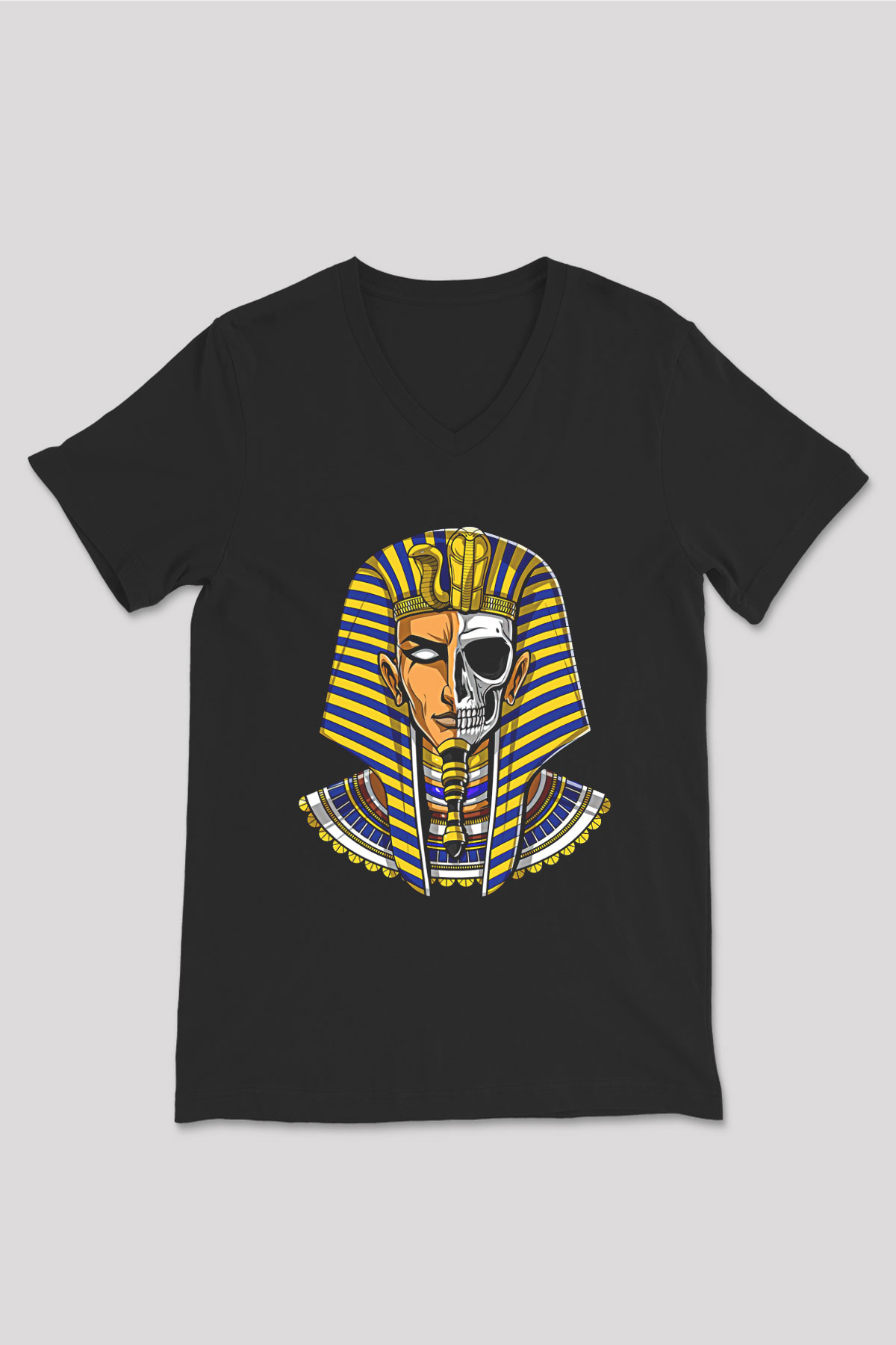 Tutankhamun Baskılı Unisex Siyah V Yaka Tişört - Tshirt