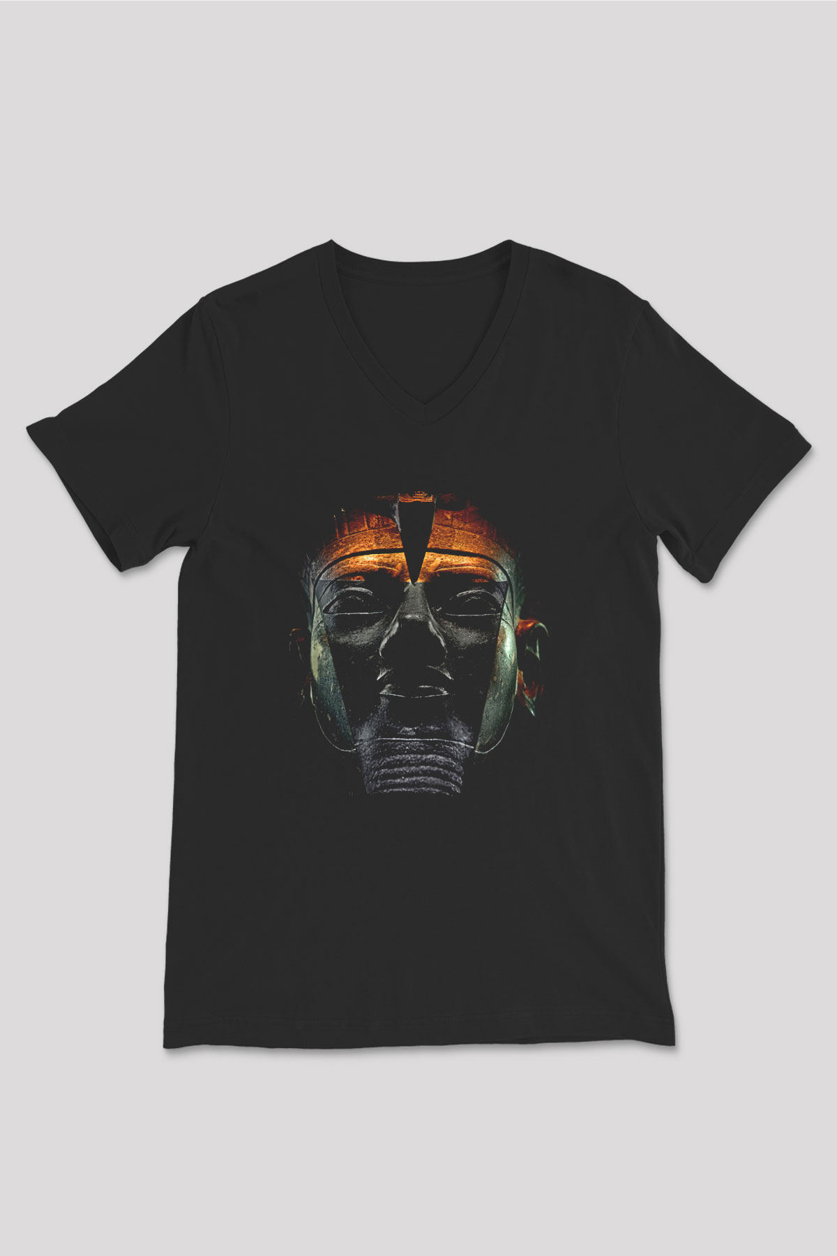 Tutankhamun Baskılı Unisex Siyah V Yaka Tişört - Tshirt