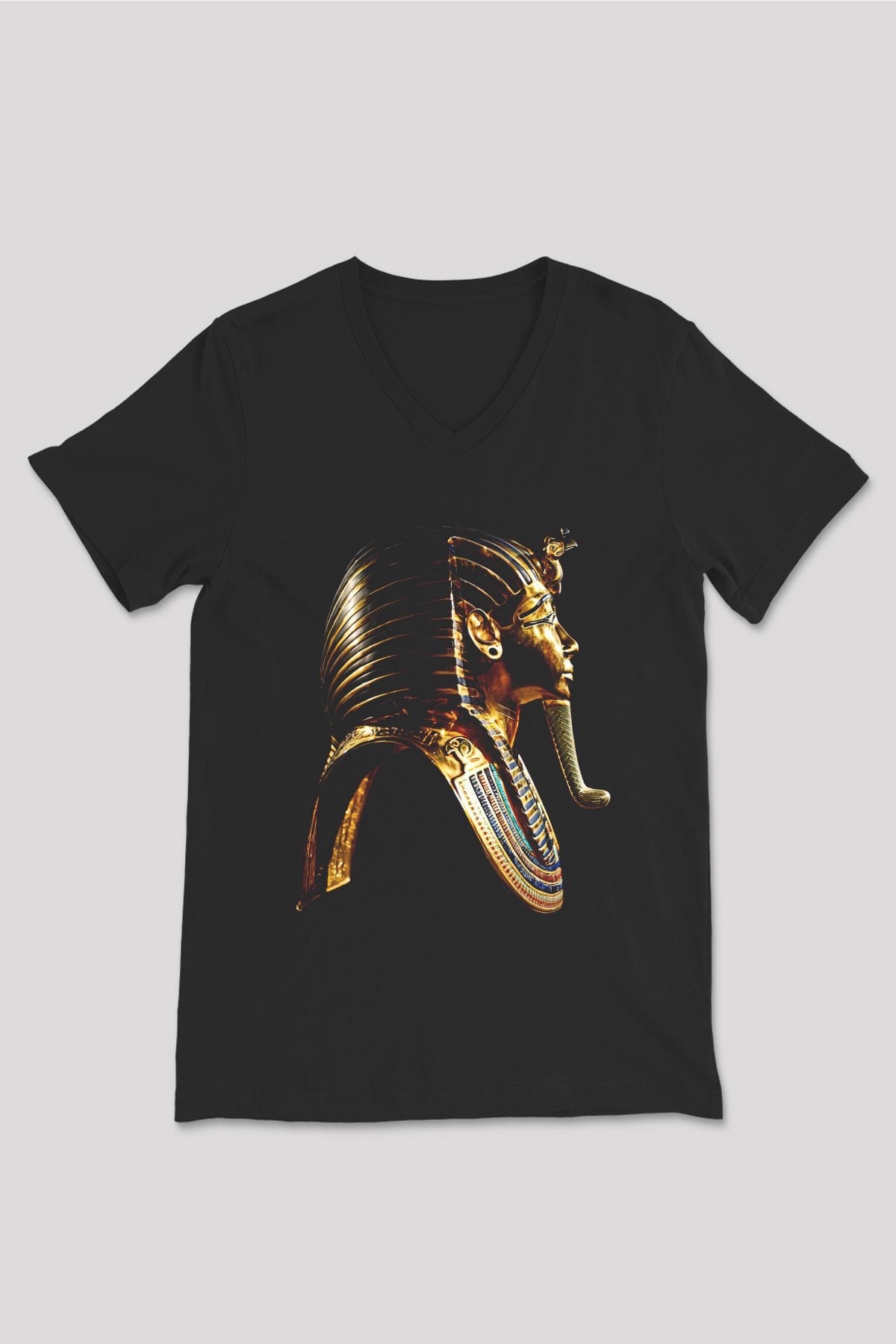 Tutankhamun Baskılı Unisex Siyah V Yaka Tişört - Tshirt