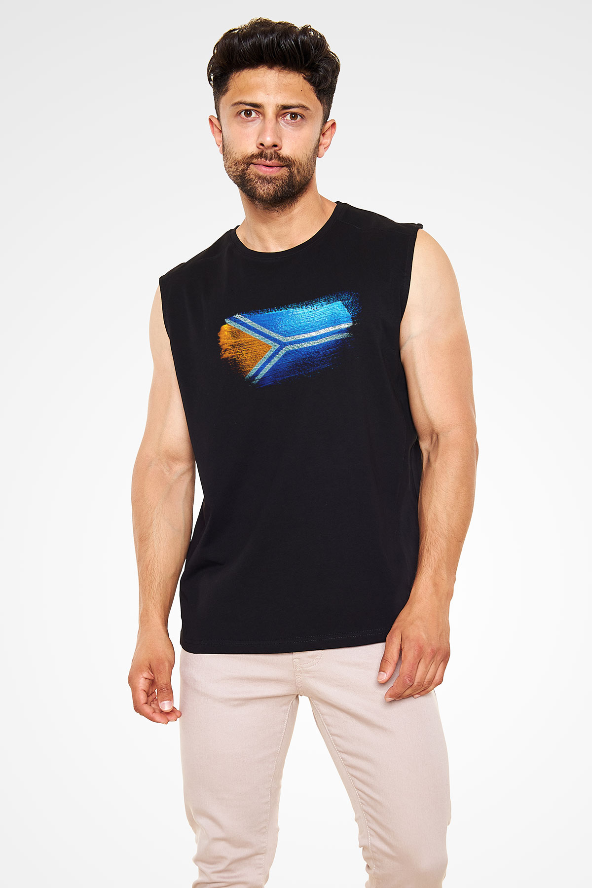 Tuva Cumhuriyeti - Tuva Bayrağı Baskılı Unisex Siyah Kolsuz Tişört
