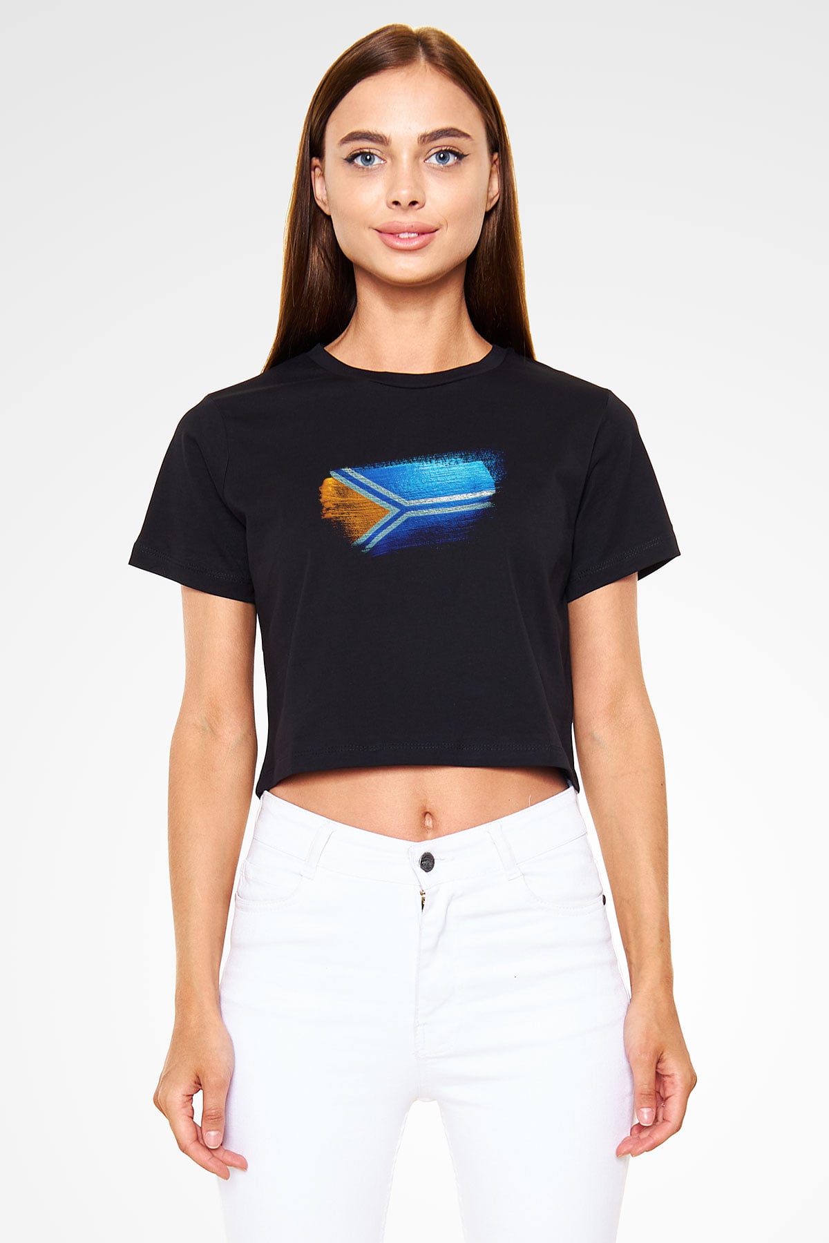 Tuva Cumhuriyeti - Tuva Bayrağı Baskılı Kadın Crop Top Siyah Tişört