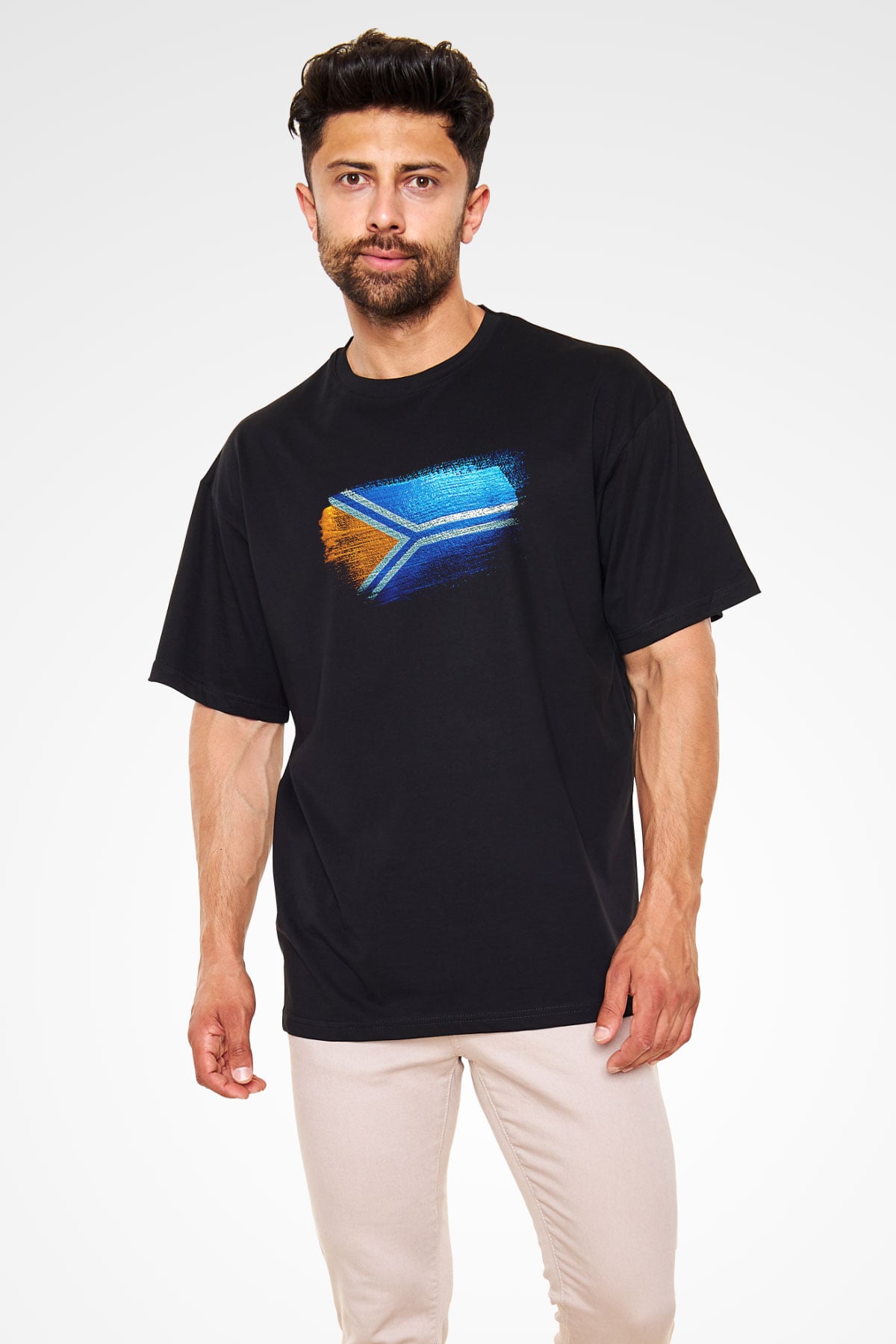 Tuva Cumhuriyeti - Tuva Bayrağı Baskılı Unisex Siyah Oversize Tişört