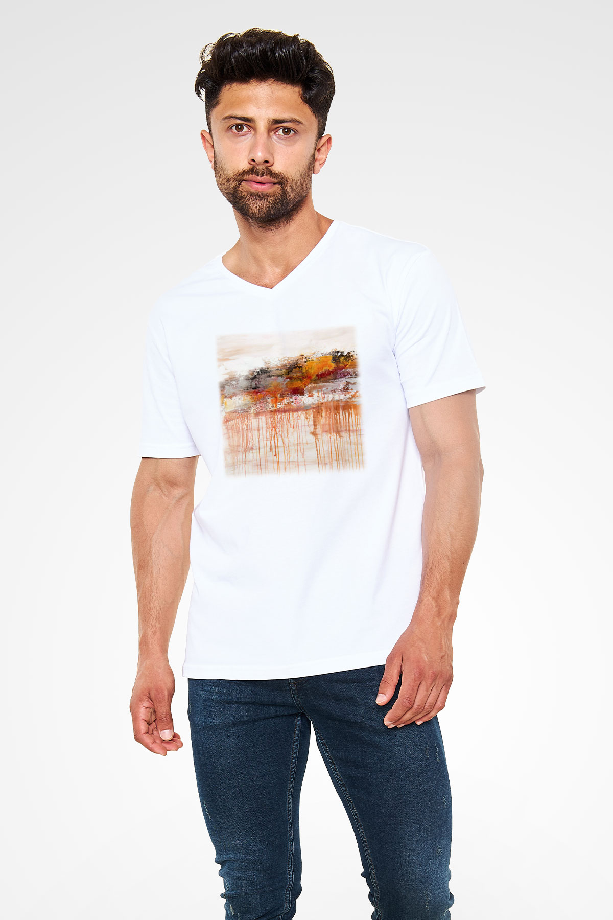 Tuval Beyaz Unisex V Yaka Tişört T-Shirt
