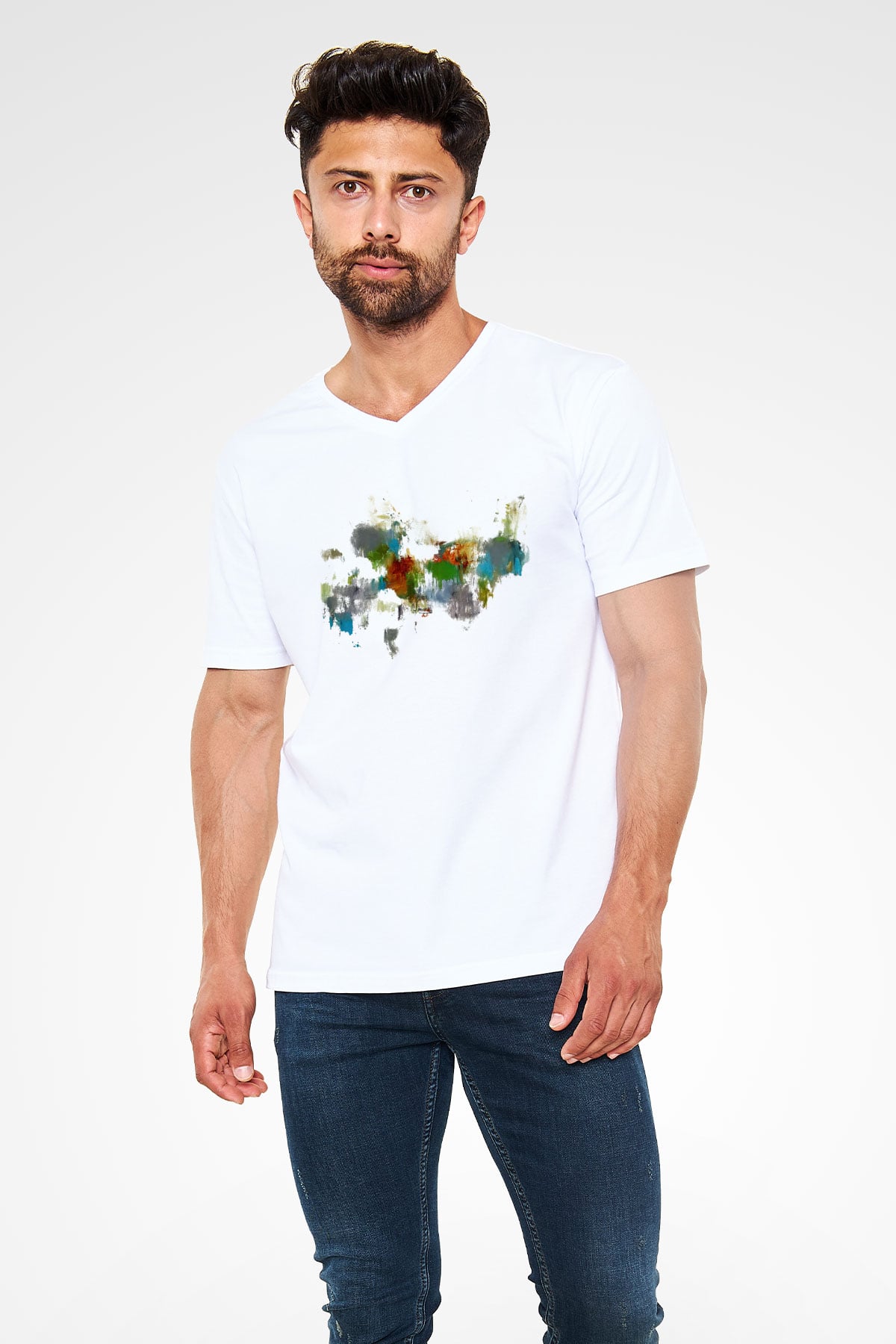Tuval Beyaz Unisex V Yaka Tişört T-Shirt