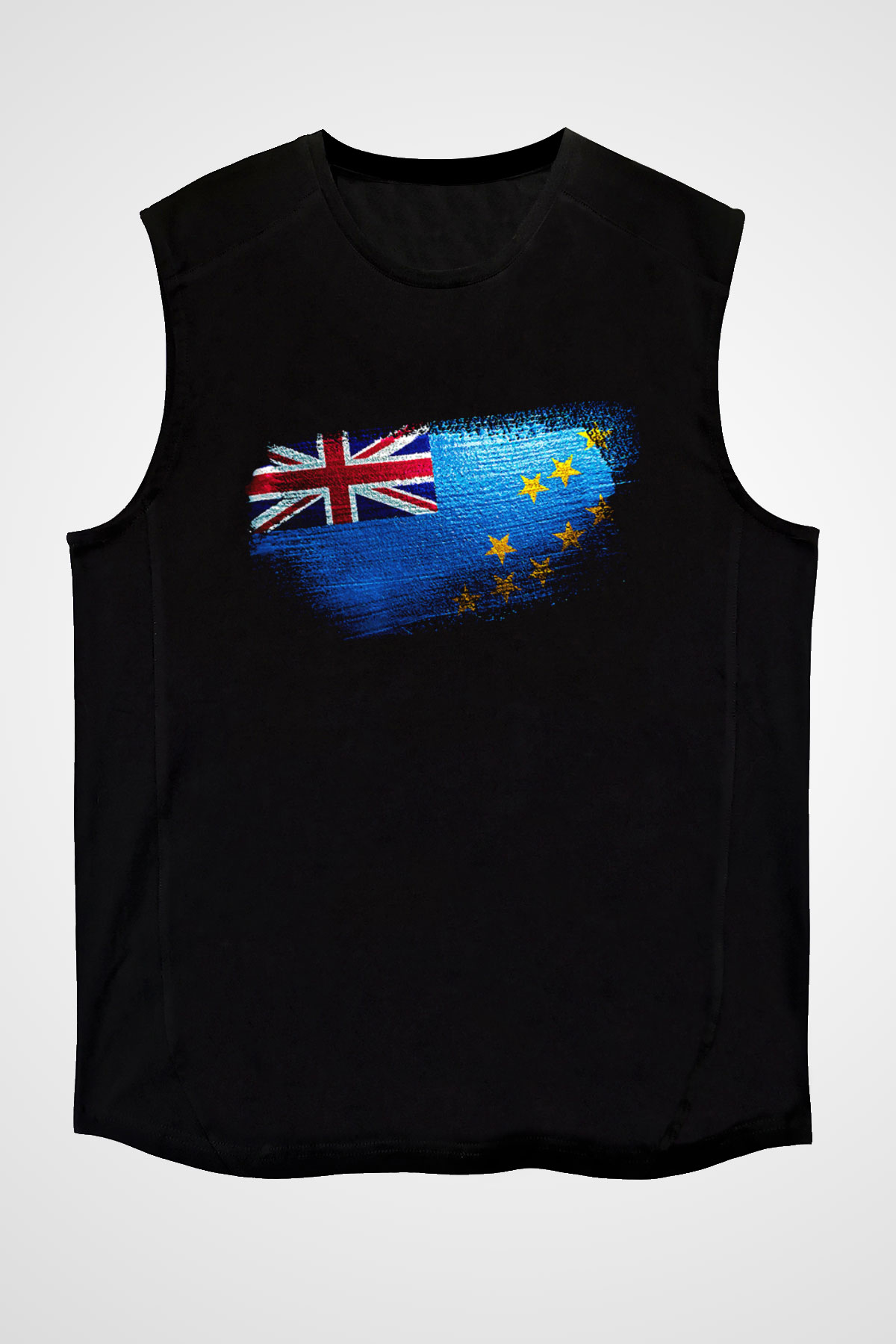 Tuvalu Bayrağı Baskılı Unisex Siyah Kolsuz Tişört