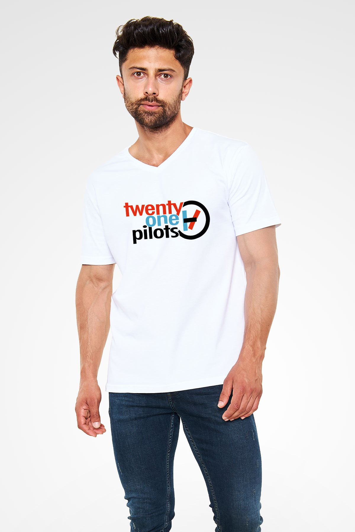 Twenty One Pilots Beyaz Unisex V Yaka Tişört T-Shirt