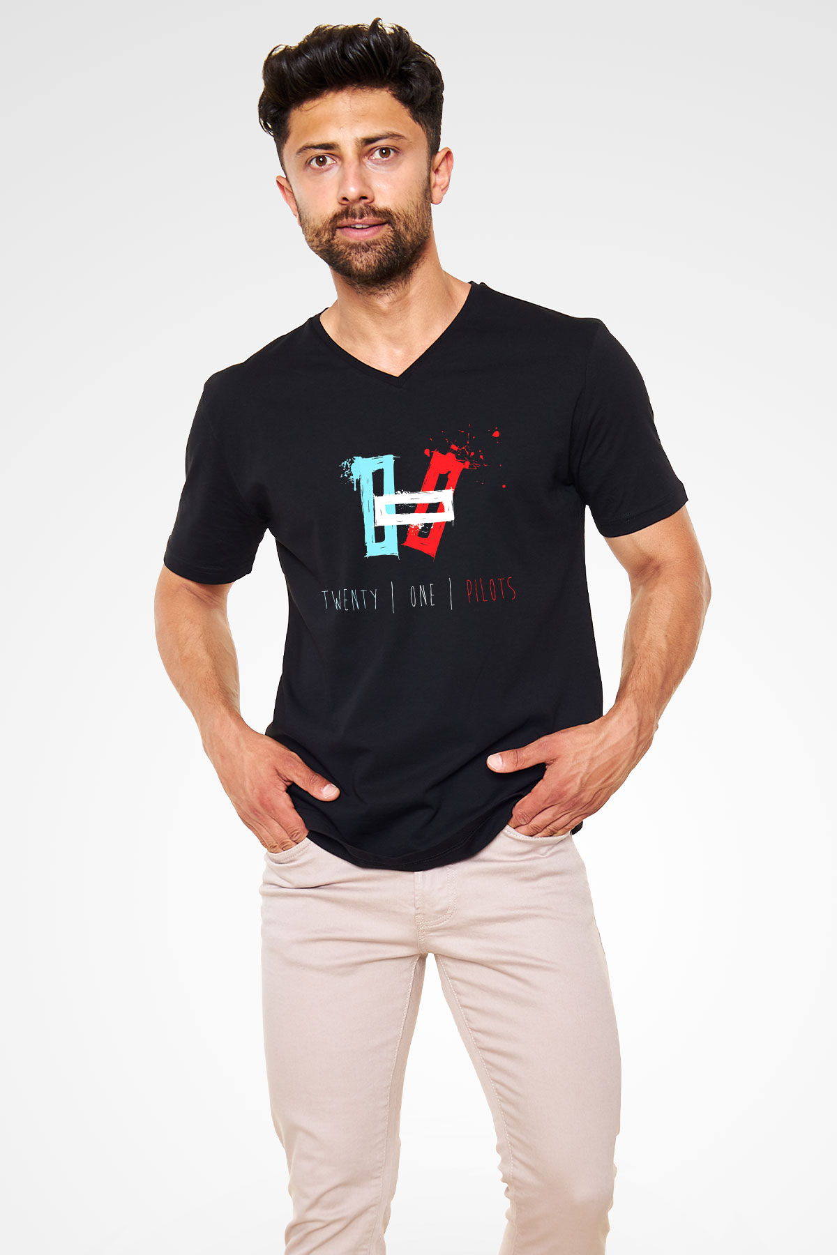 Twenty One Pilots Siyah Unisex V Yaka Tişört T-Shirt