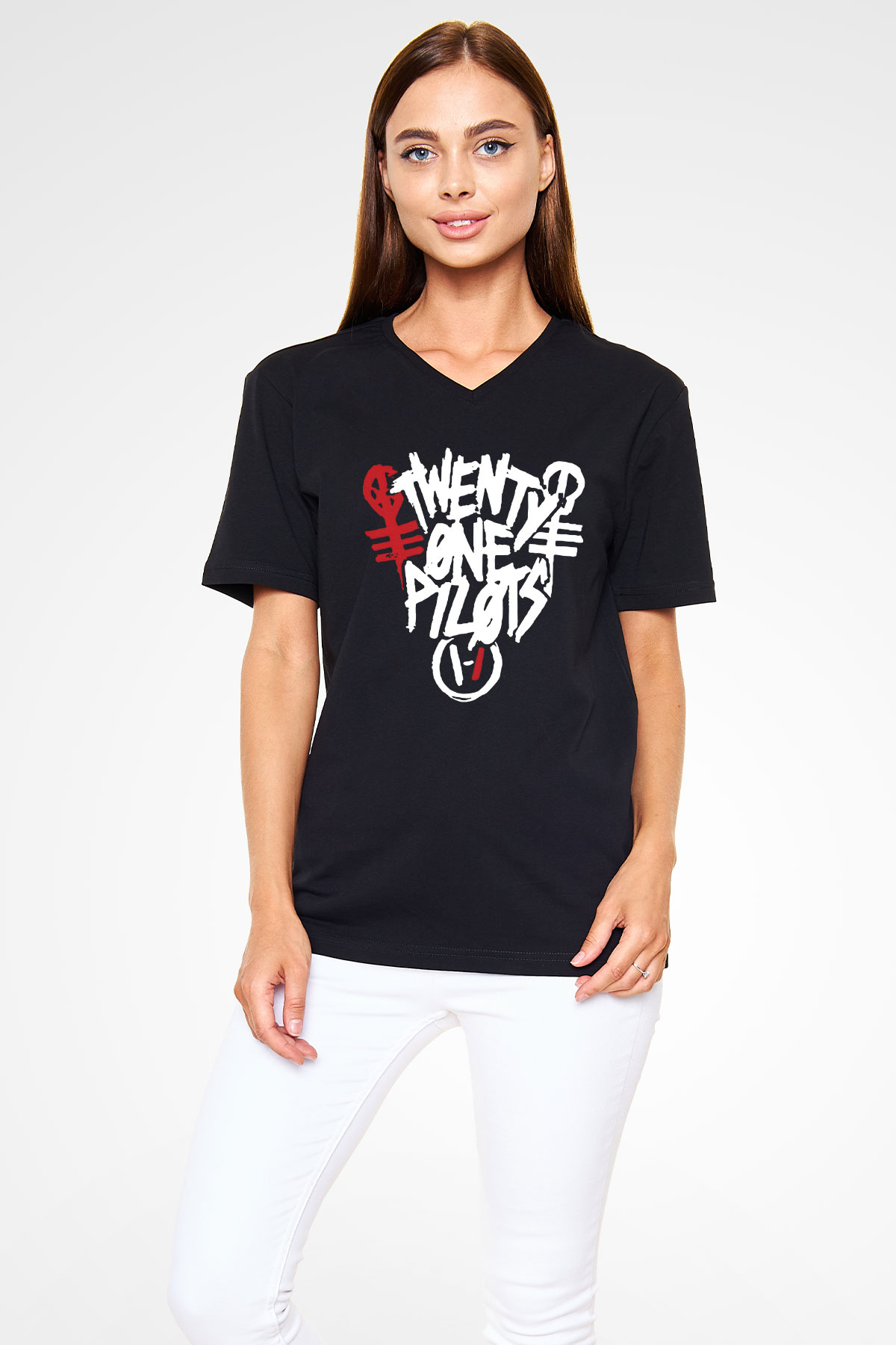 Twenty One Pilots Siyah Unisex V Yaka Tişört T-Shirt