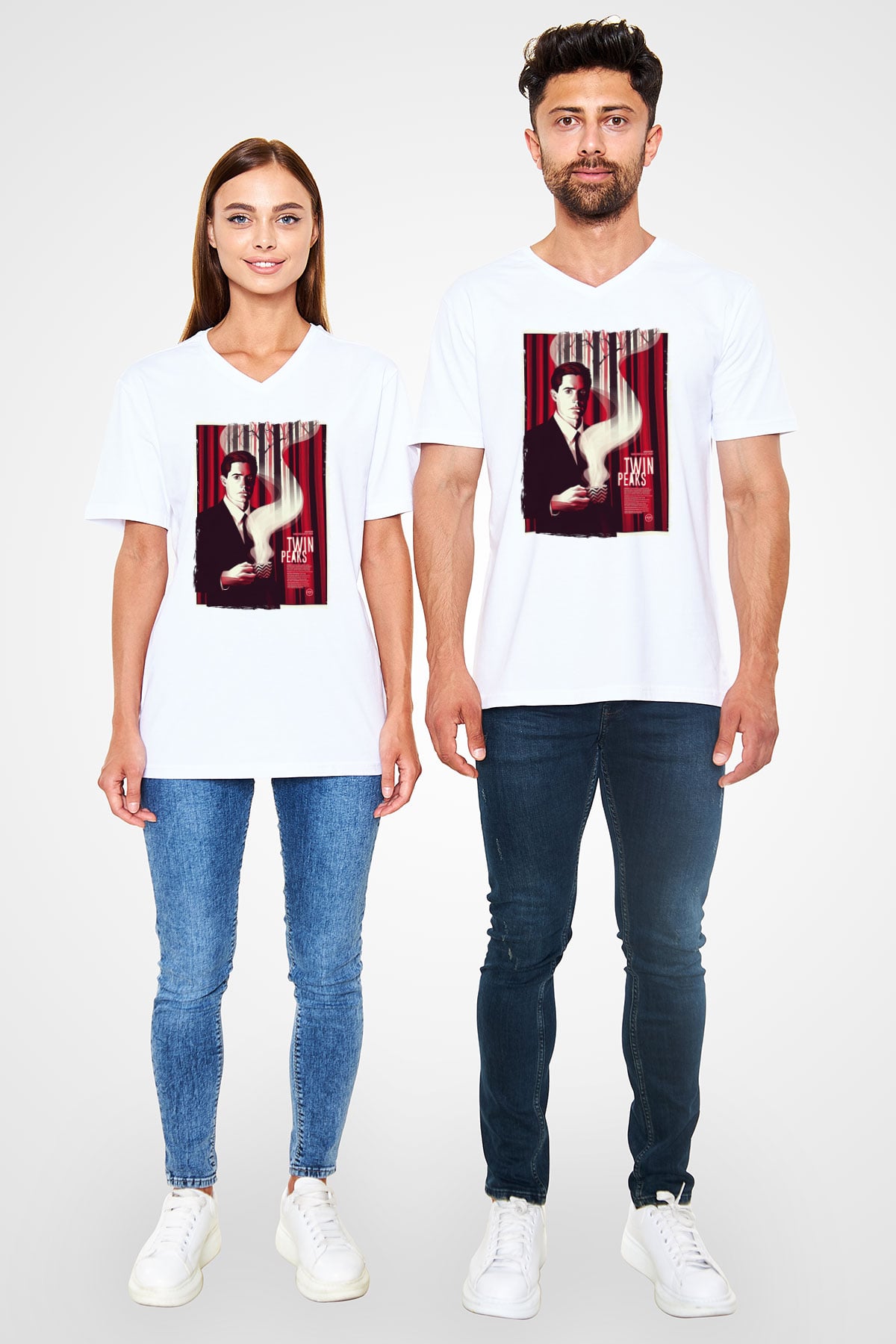 Twin Peaks Beyaz Unisex V Yaka Tişört