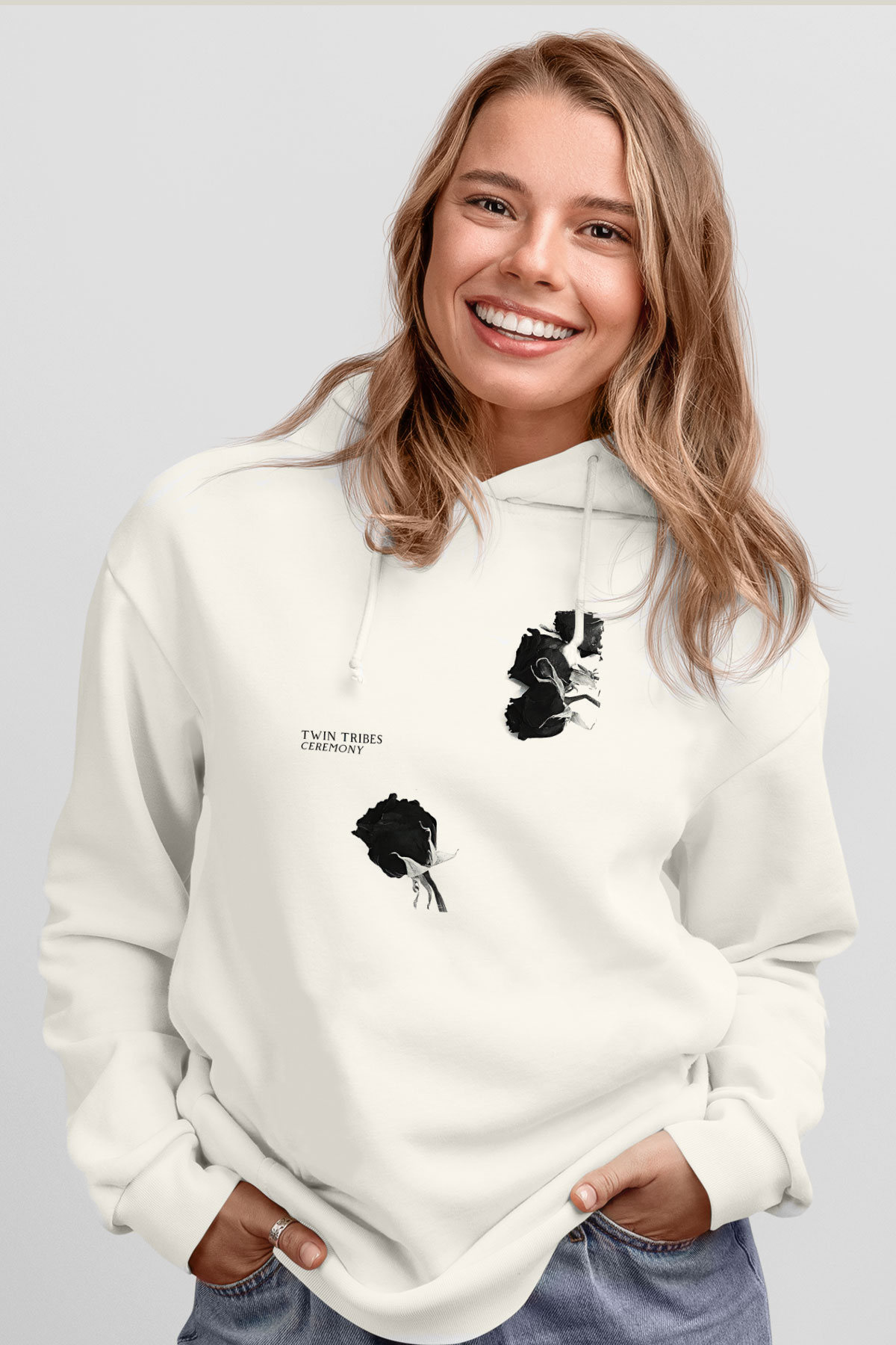Twin Tribes Baskılı Beyaz Unisex Kapüşonlu Sweatshirt