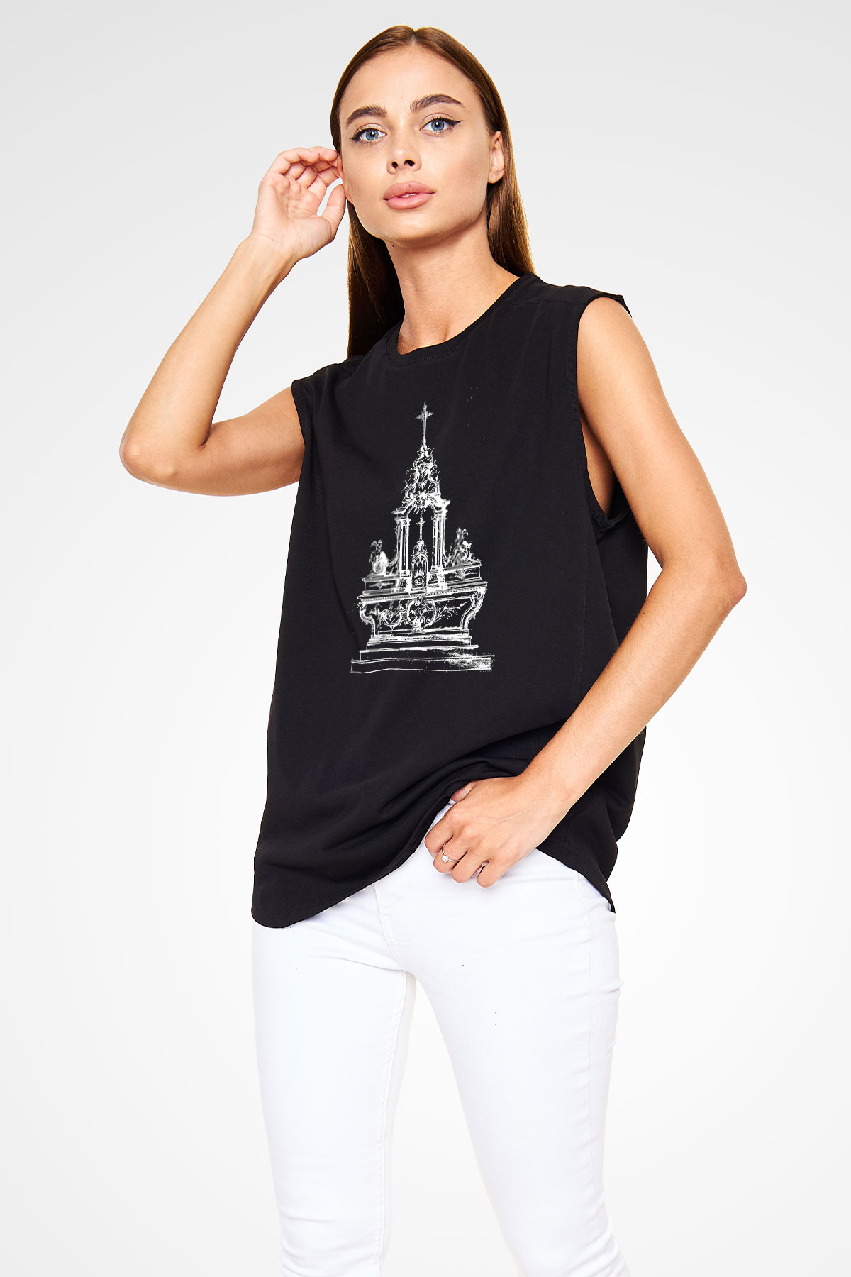 Twin Tribes Baskılı Unisex Siyah Kolsuz Tişört - Tshirt