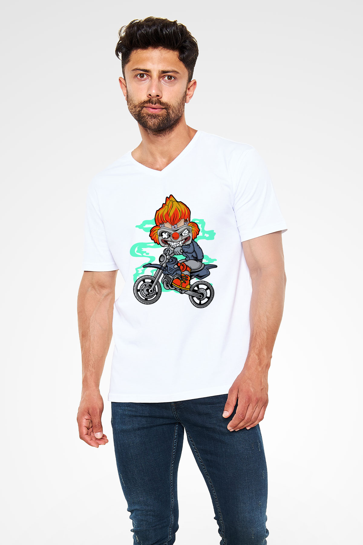 Twisted Metal Motocross Baskılı Beyaz Unisex V Yaka Tişört