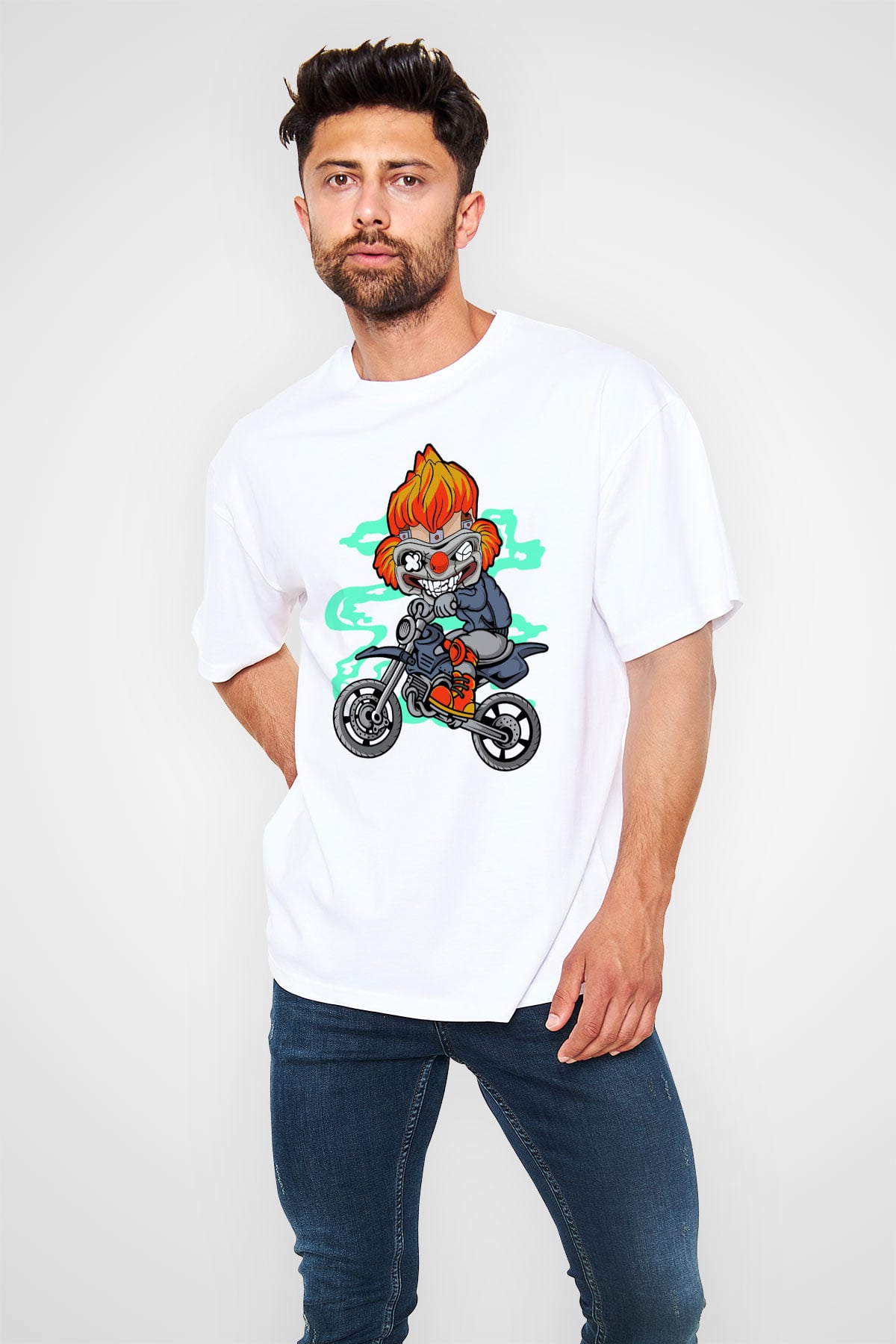 Twisted Metal Motocross Baskılı Beyaz Unisex Oversize Tişört