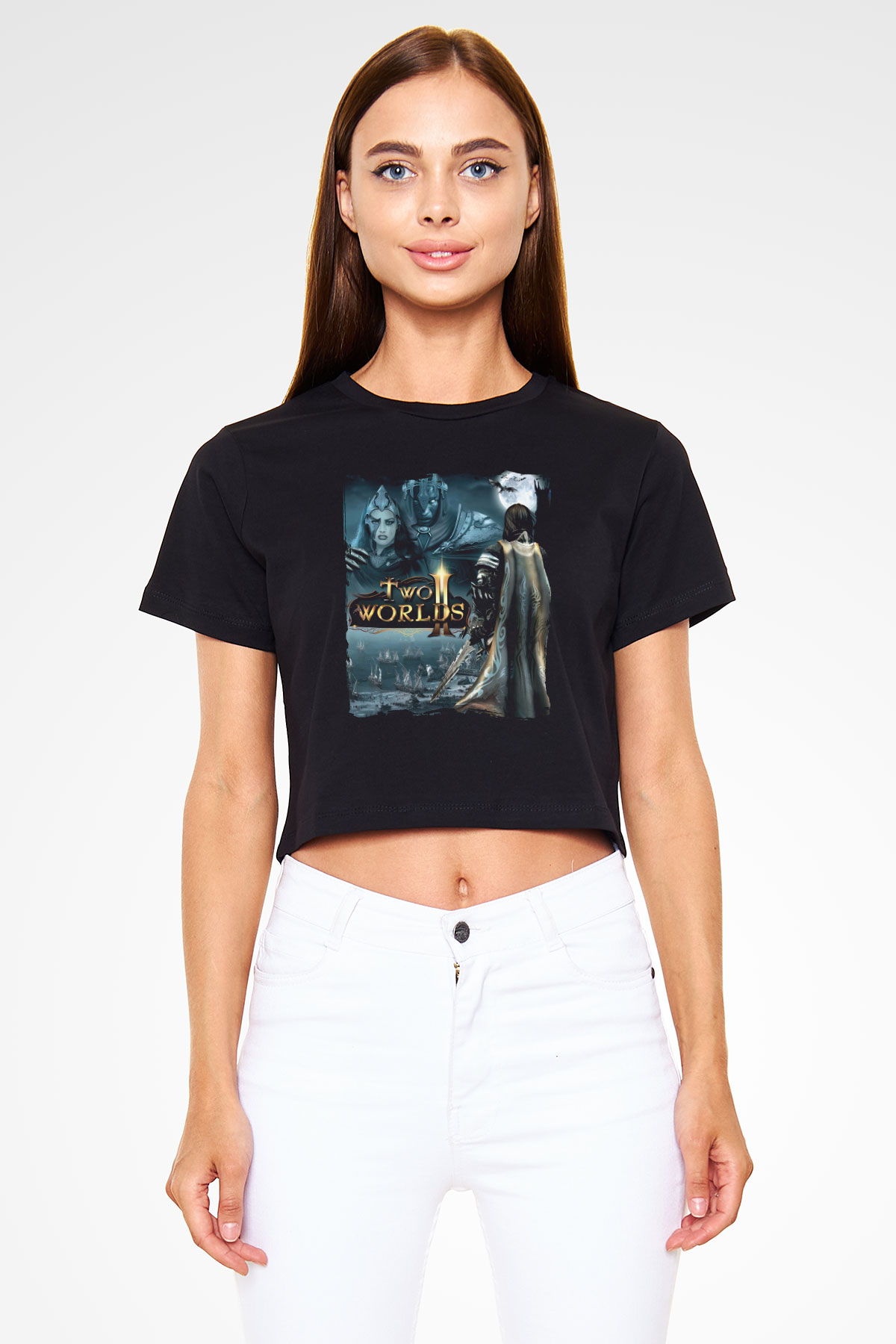 Two Worlds Siyah  Crop Top Tişört