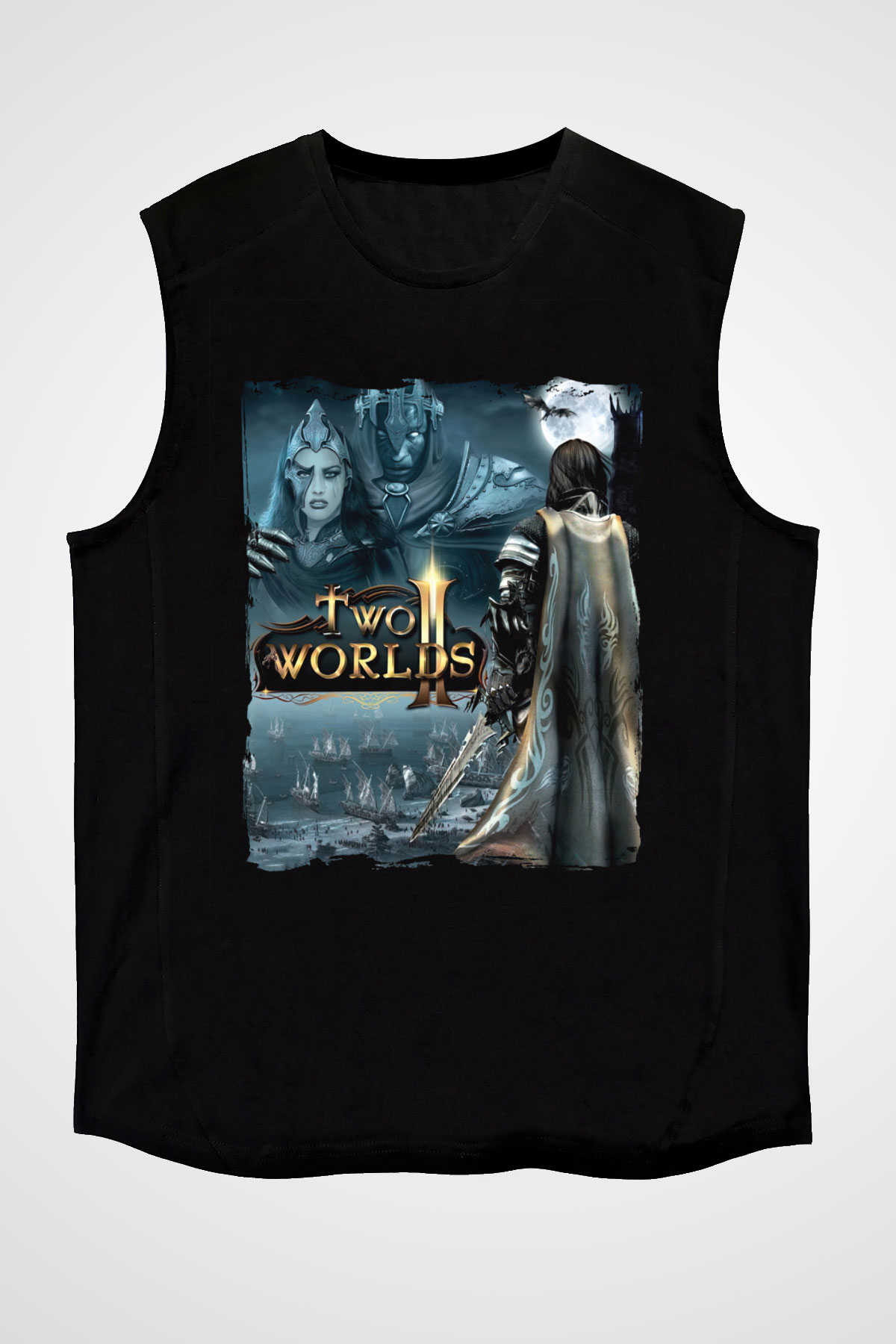Two Worlds Siyah Unisex Kolsuz Tişört