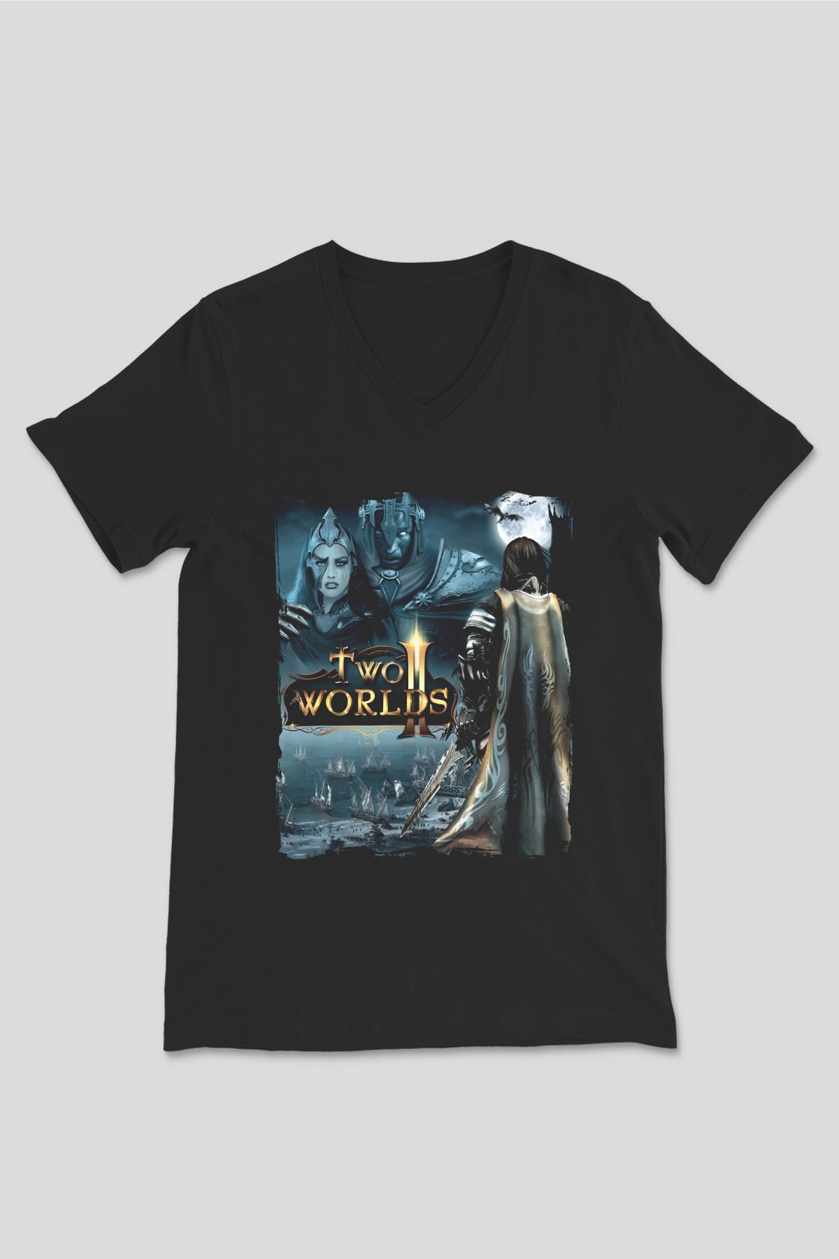 Two Worlds Siyah Unisex V Yaka Tişört