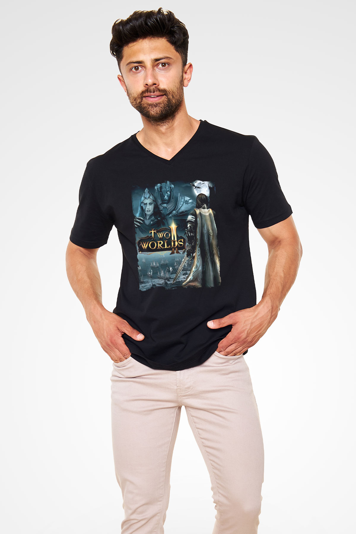 Two Worlds Siyah Unisex V Yaka Tişört