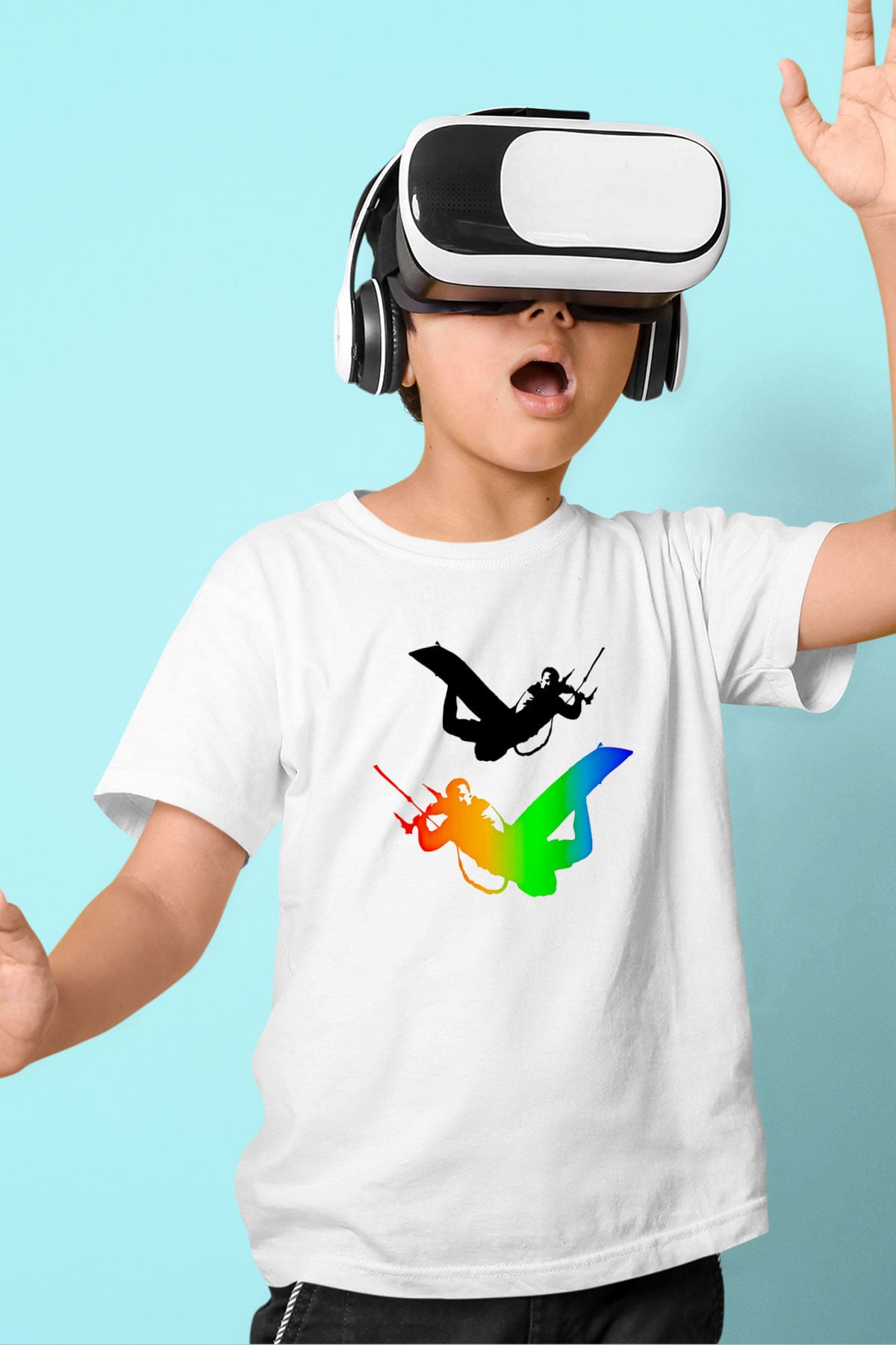 Uçurtma Kayağı Baskılı Unisex Beyaz Çocuk Tişört - Tshirt