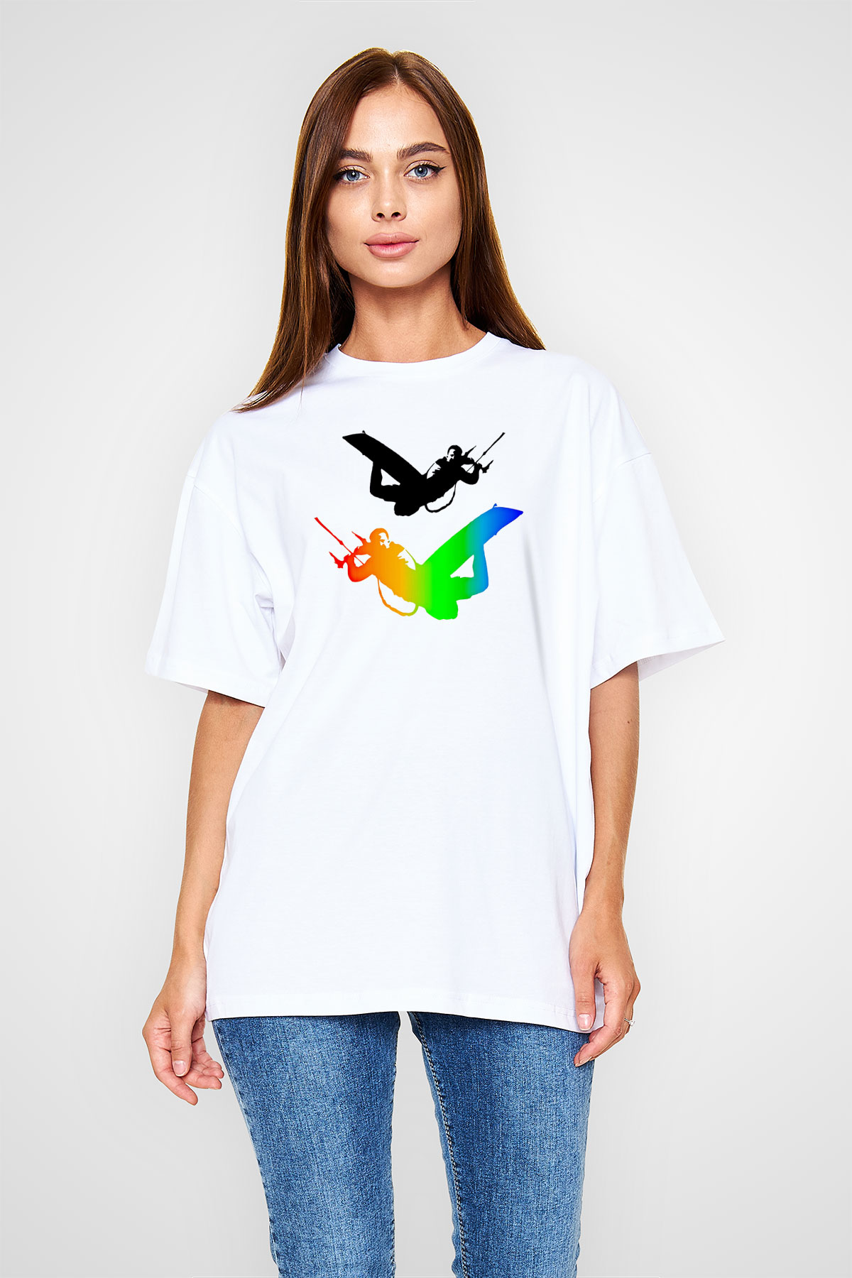 Uçurtma Kayağı Baskılı Unisex Beyaz Oversize Tişört - Tshirt