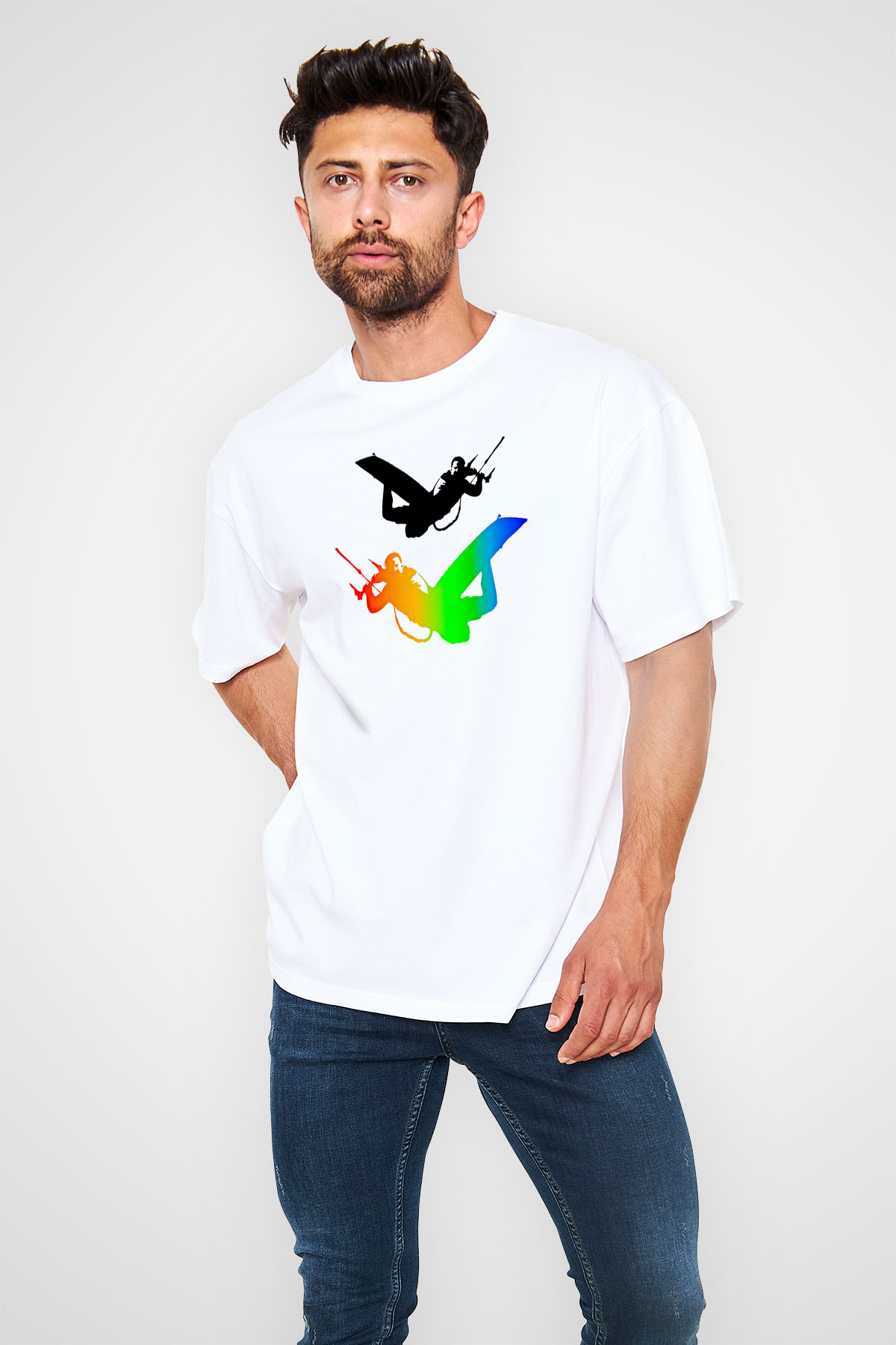 Uçurtma Kayağı Baskılı Unisex Beyaz Oversize Tişört - Tshirt