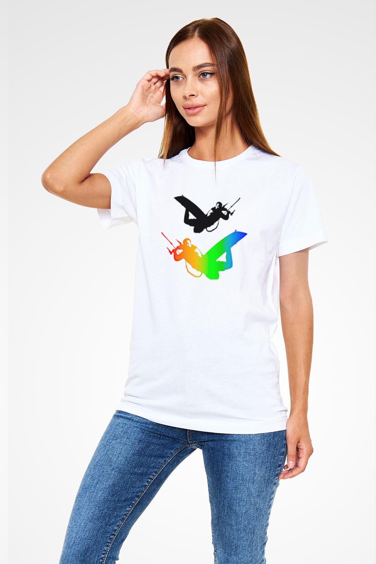Uçurtma Kayağı Baskılı Unisex Beyaz Tişört - Tshirt