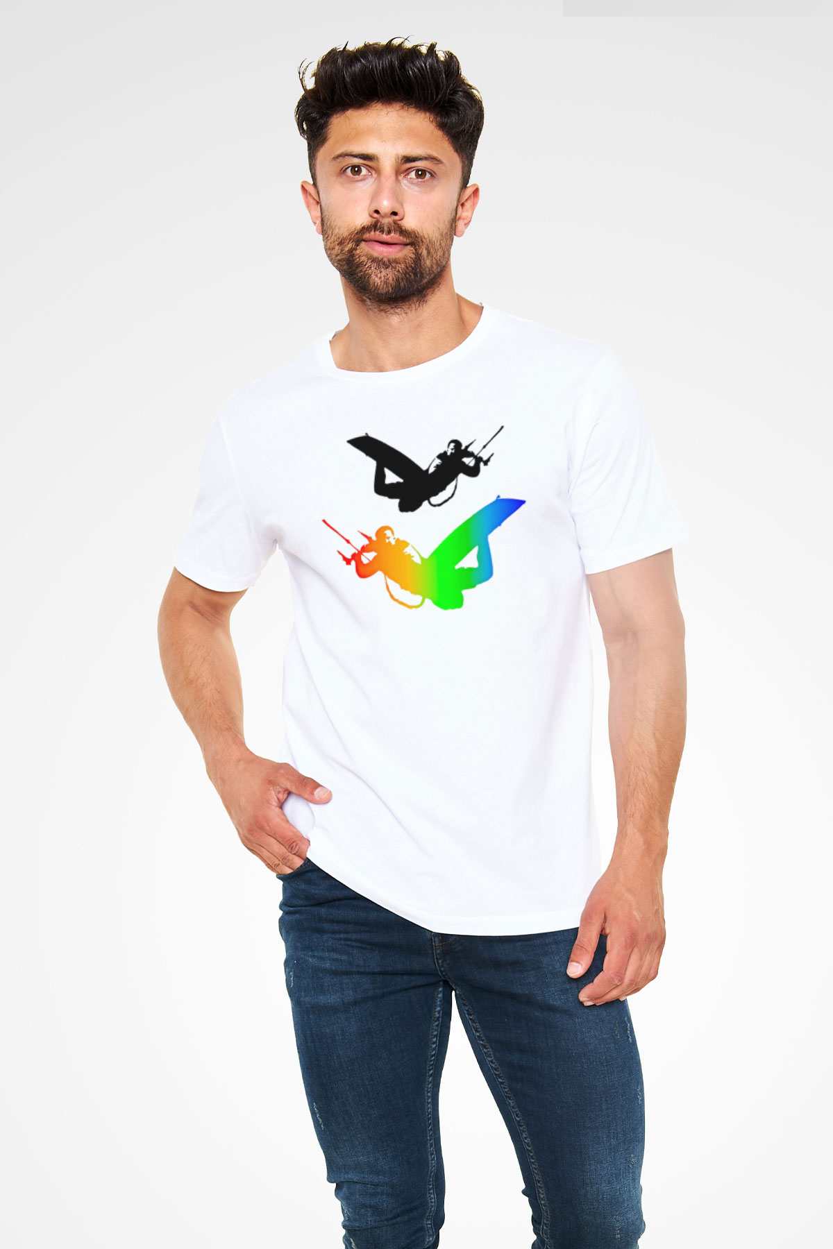 Uçurtma Kayağı Baskılı Unisex Beyaz Tişört - Tshirt