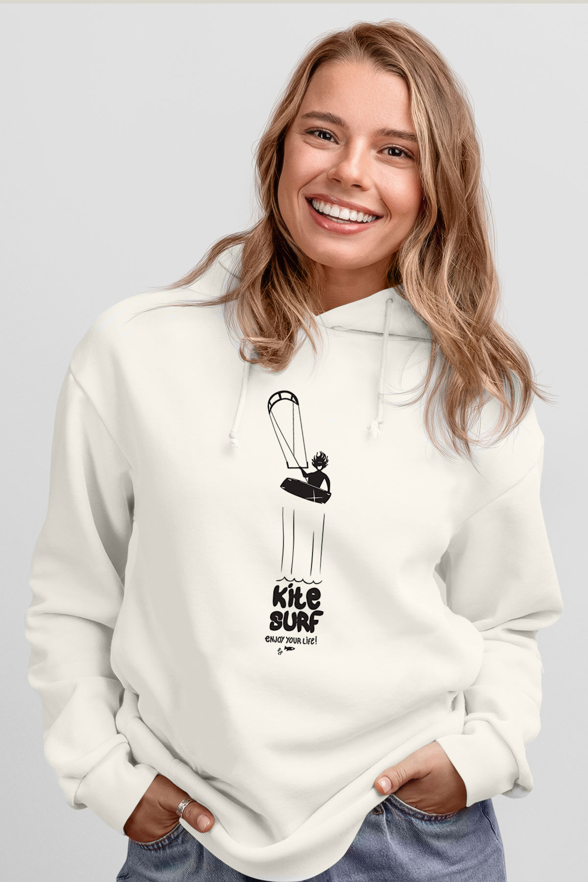 Uçurtma Kayağı Baskılı Unisex Ekru Hoodie