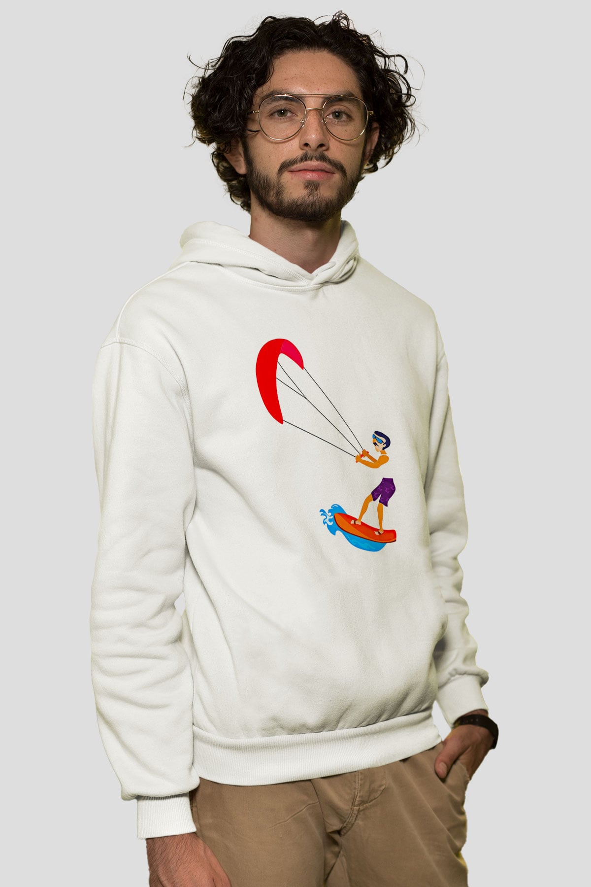 Uçurtma Kayağı Baskılı Unisex Ekru Hoodie