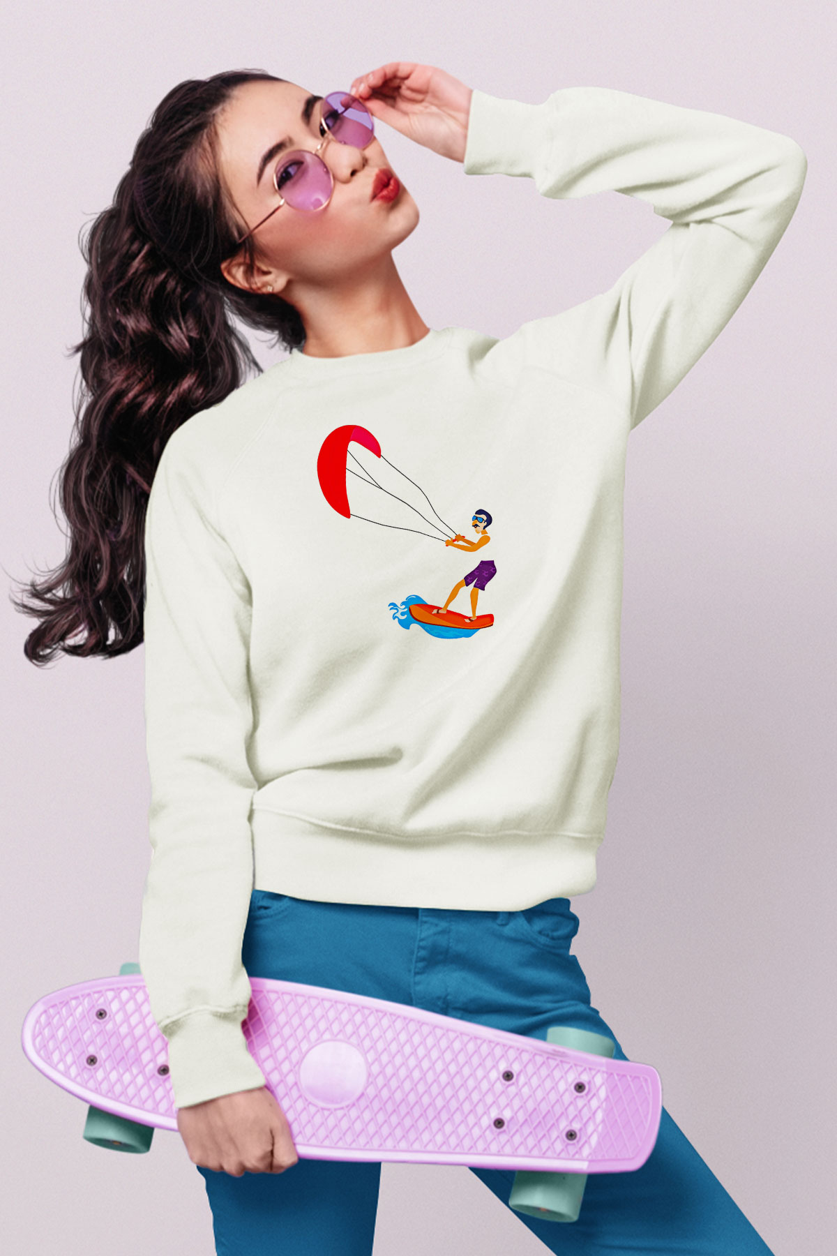 Uçurtma Kayağı Baskılı Unisex Ekru Sweatshirt