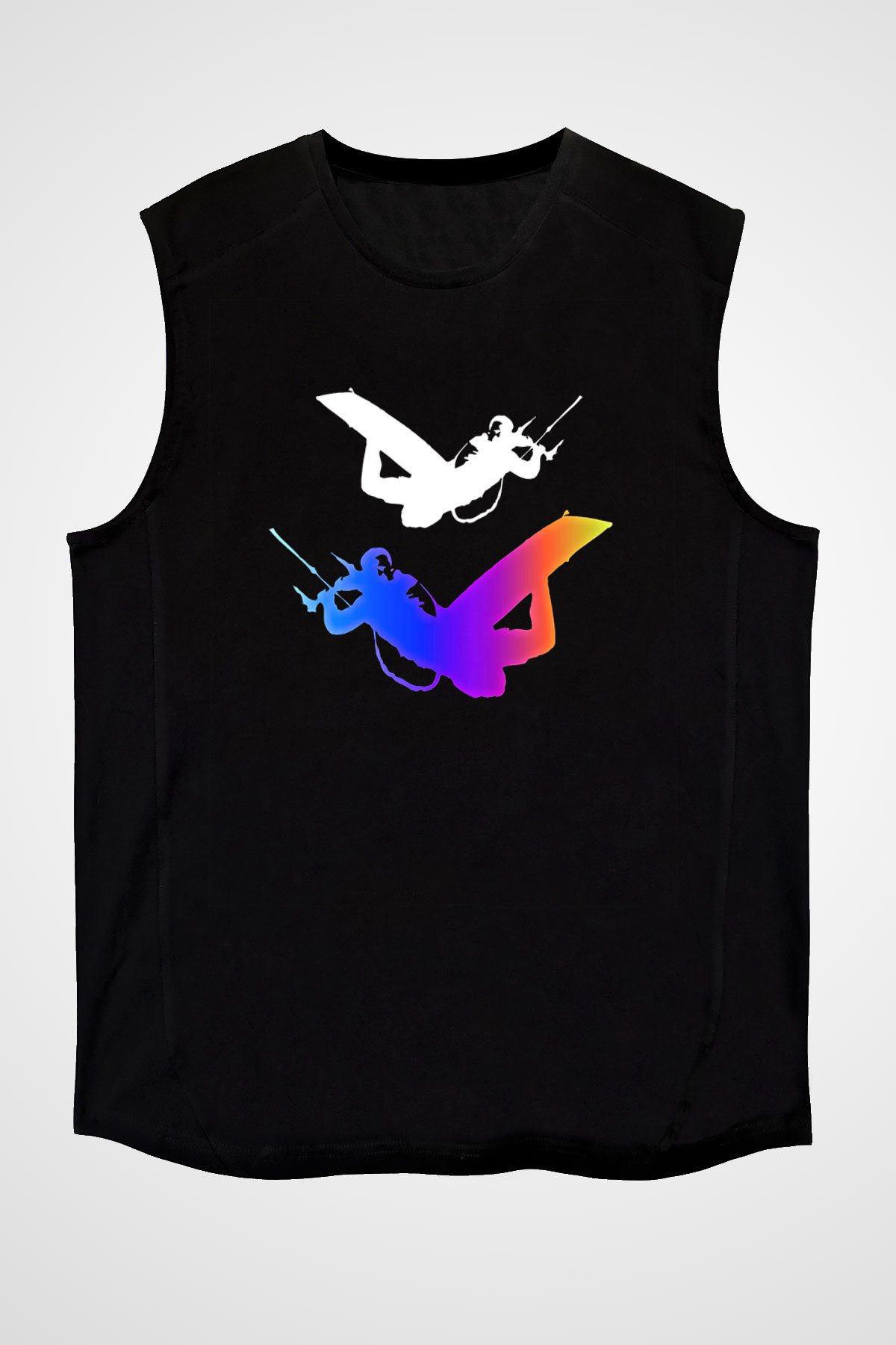 Uçurtma Kayağı - Kite Board Baskılı Unisex Siyah Kolsuz Tişört