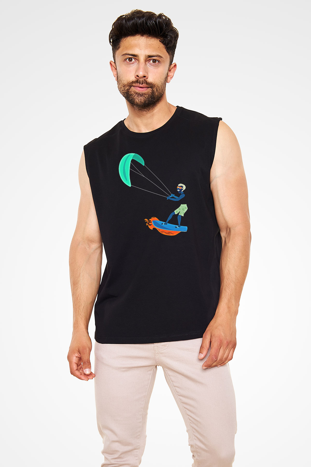 Uçurtma Kayağı - Kite Board Baskılı Unisex Siyah Kolsuz Tişört