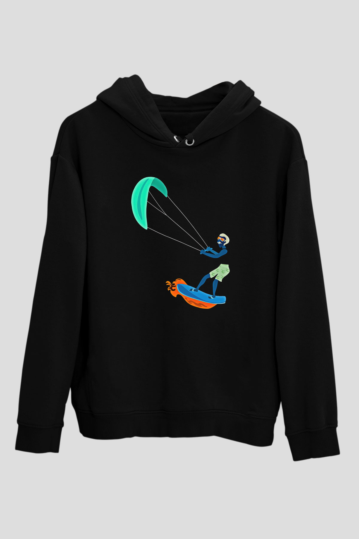 Uçurtma Kayağı - Kite Board Baskılı Unisex Siyah Kapüşonlu Sweatshirt