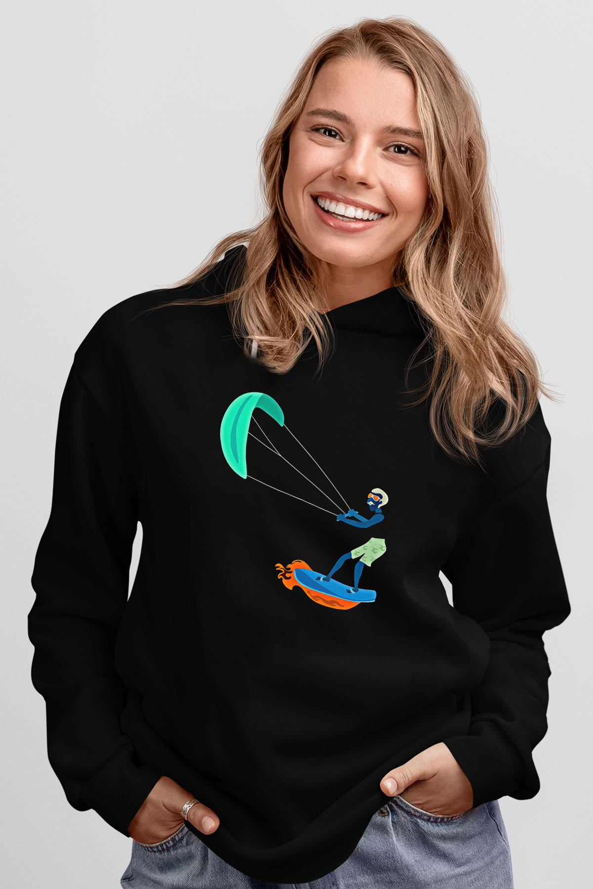 Uçurtma Kayağı - Kite Board Baskılı Unisex Siyah Kapüşonlu Sweatshirt
