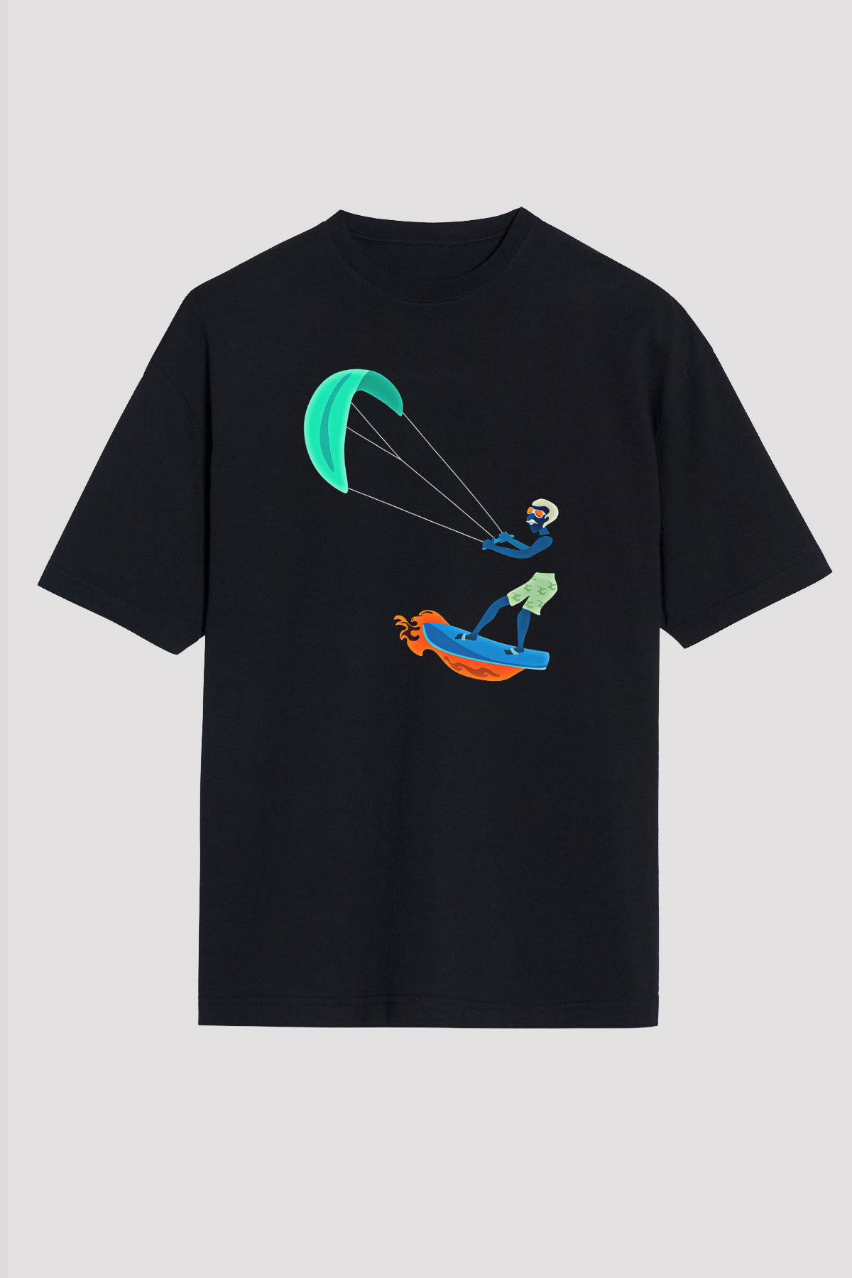 Uçurtma Kayağı - Kite Board Baskılı Unisex Siyah Oversize Tişört