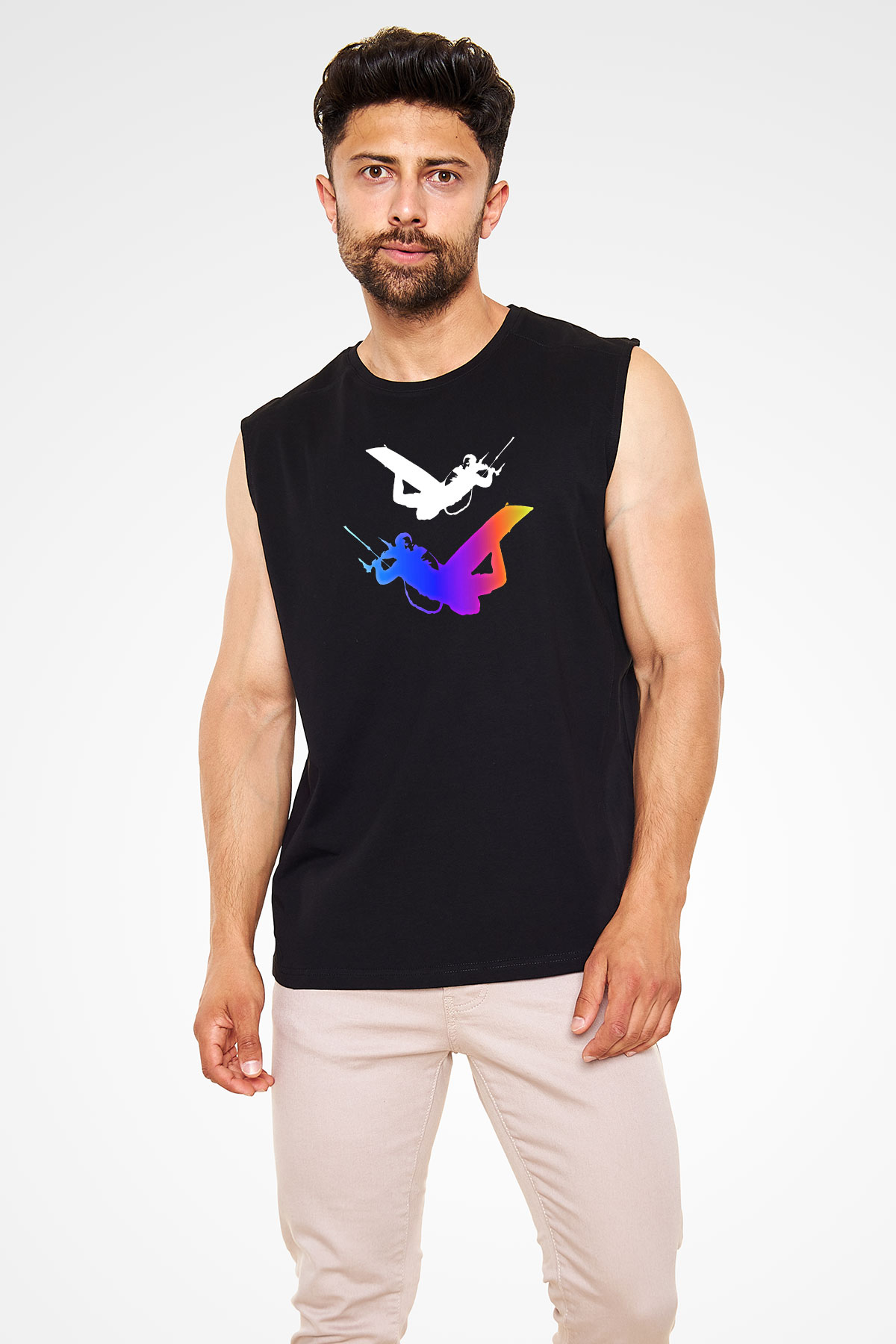 Uçurtma Kayağı - Kite Board Baskılı Unisex Siyah Kolsuz Tişört