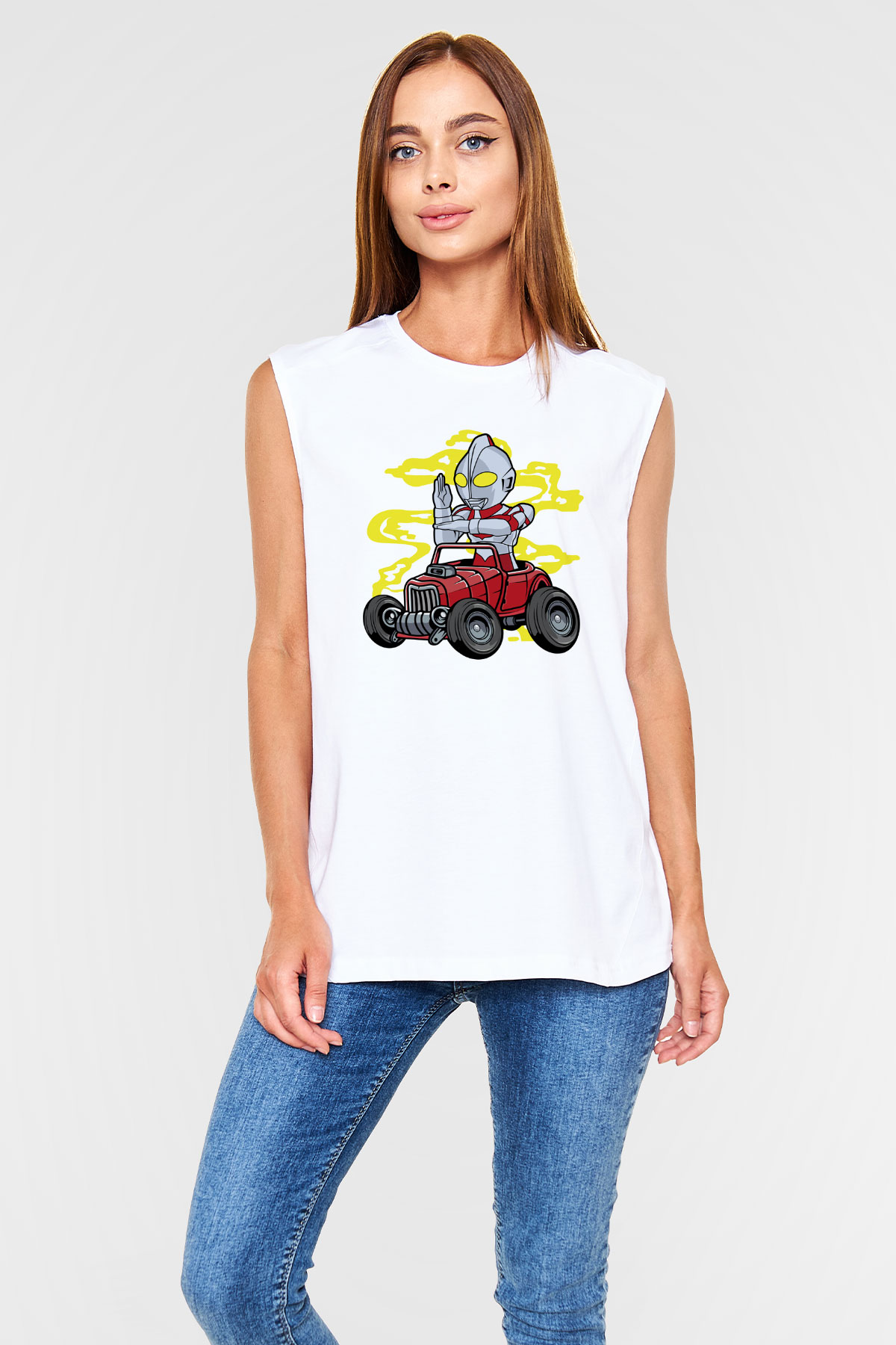 Ultraman Hotrod Baskılı Unisex Beyaz Kolsuz Tişört