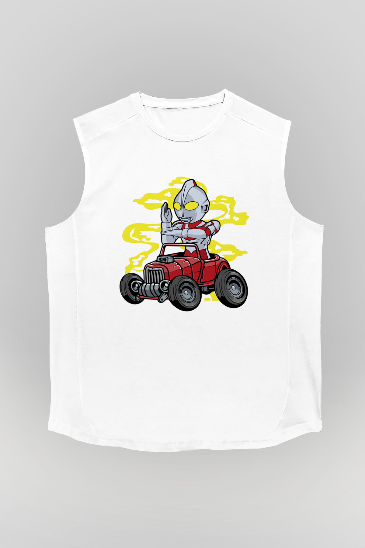 Ultraman Hotrod Baskılı Unisex Beyaz Kolsuz Tişört