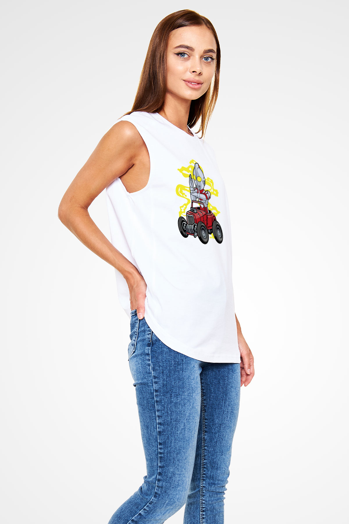 Ultraman Hotrod Baskılı Unisex Beyaz Kolsuz Tişört