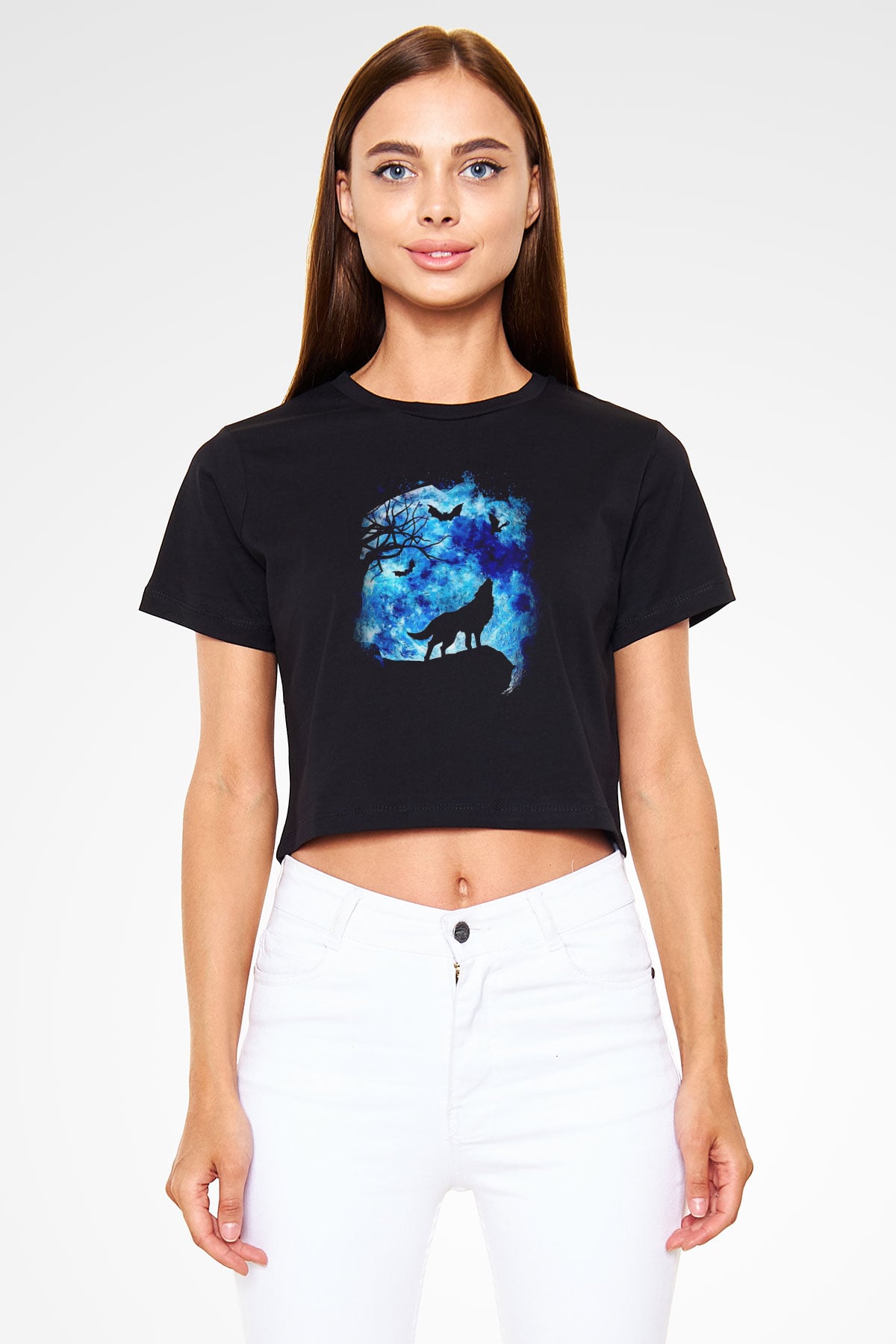 Uluyan Kurt Temalı Baskılı Siyah  Crop Top Tişört