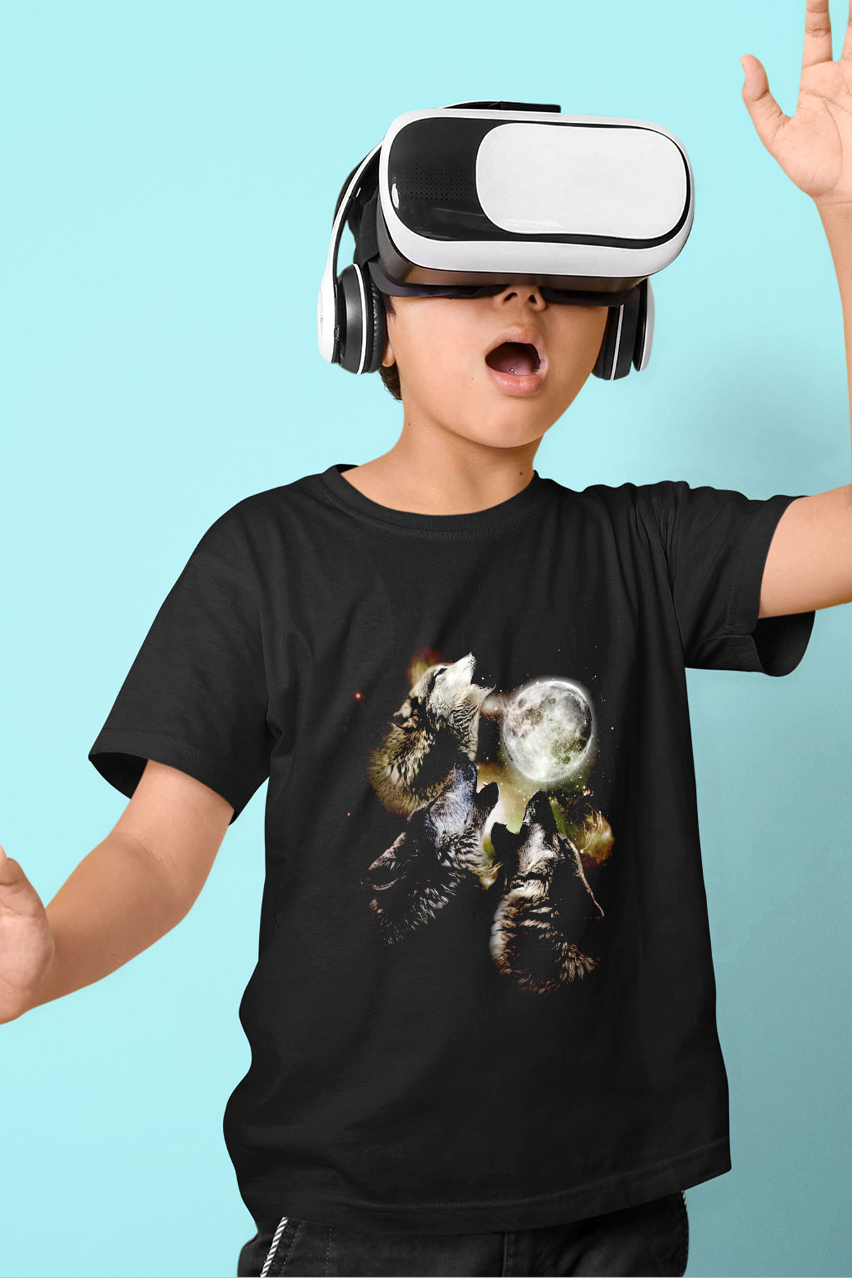 Uluyan Kurtlar Baskılı Unisex Siyah  Çocuk Tişört