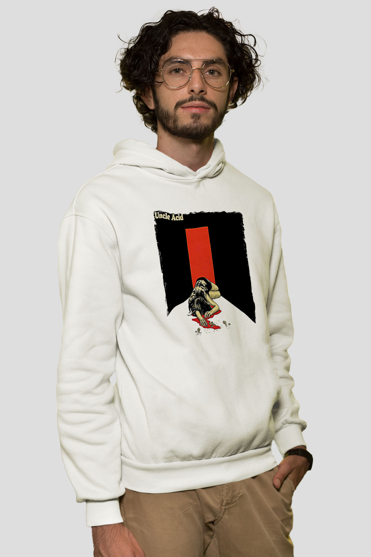 Uncle Acid Baskılı Beyaz Unisex Kapüşonlu Sweatshirt