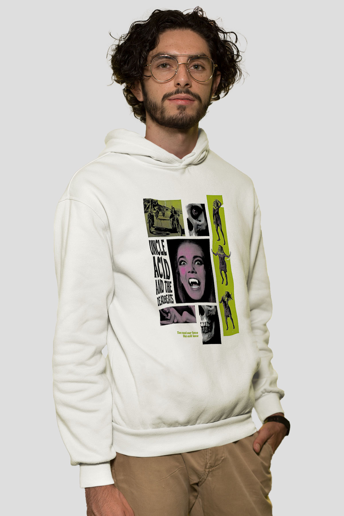 Uncle Acid Baskılı Beyaz Unisex Kapüşonlu Sweatshirt
