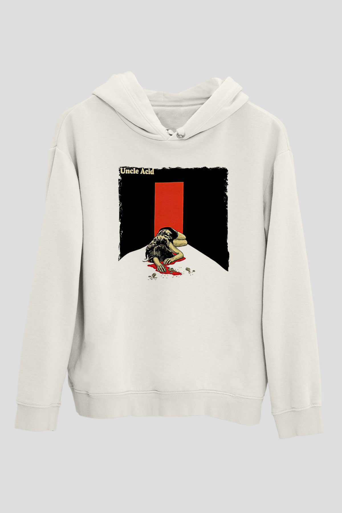 Uncle Acid Baskılı Beyaz Unisex Kapüşonlu Sweatshirt