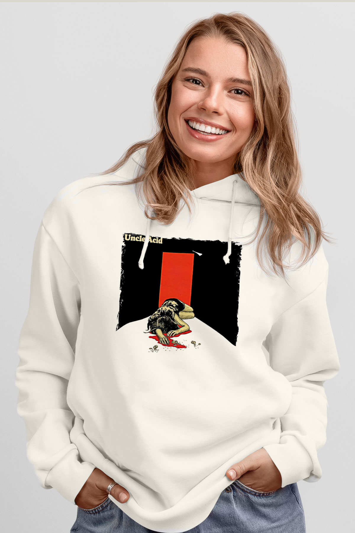 Uncle Acid Baskılı Beyaz Unisex Kapüşonlu Sweatshirt