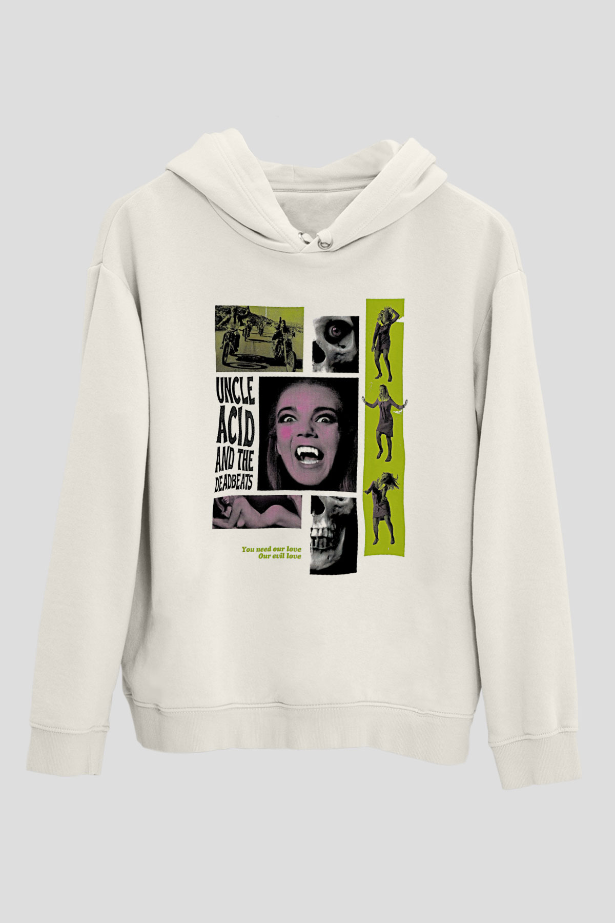 Uncle Acid Baskılı Beyaz Unisex Kapüşonlu Sweatshirt